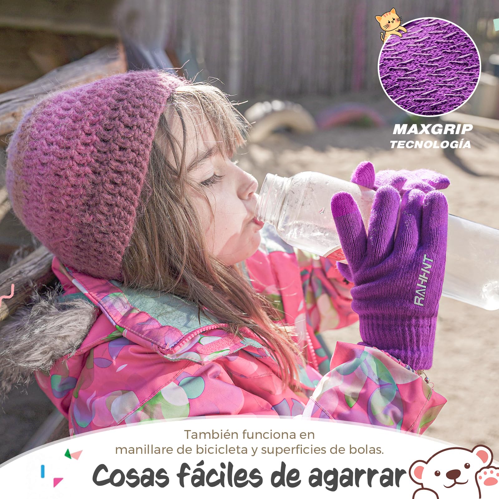 Rahhint Guantes Lana Invierno Termicos para Niños y Niñas 4-15 Años con Punto Pequeños Forro Polar Aislado