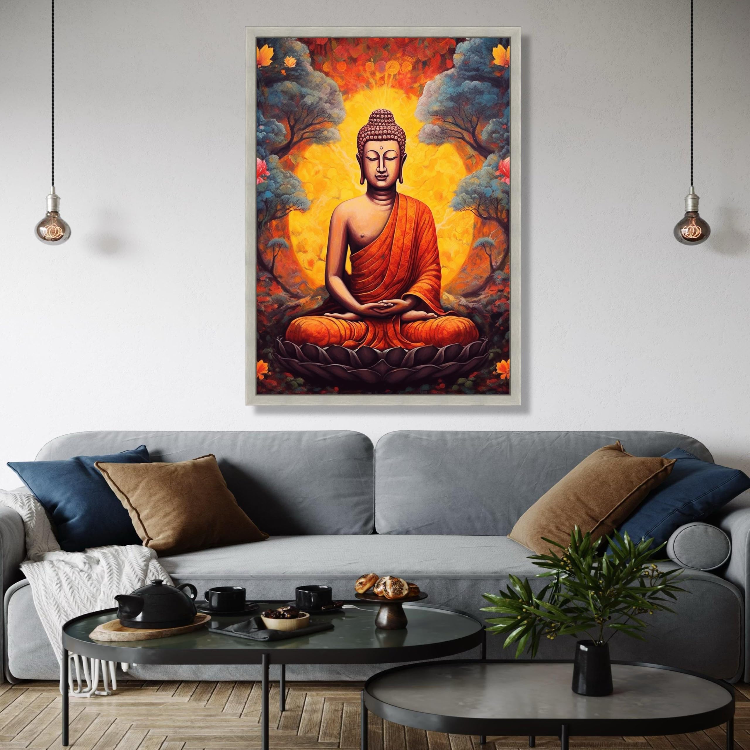 Quadro su tela raffigurante il Buddha meditativo, decorazione per meditazione spirituale, dipinto del Buddha in veste arancione, arredamento zen per la casa, stampa poster (50x70 cm/cornice interna)