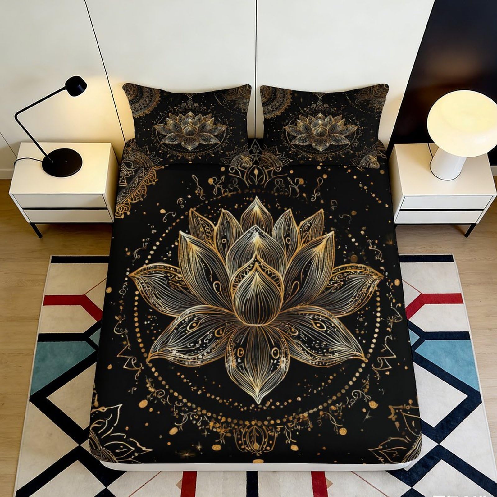Dhbaneiok Style-10 3D Printed Golden Lotus Fitted Sheet Microfiber Soft Non-Slip Black Mandala Mattress Cover For Bedroom Decor 90X200x25cm