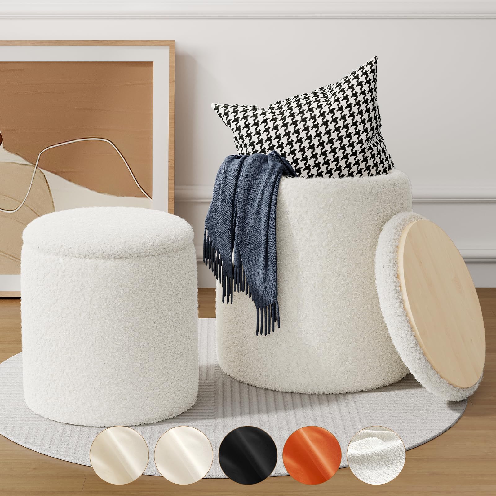 Round Boucle Ottoman with Storage Set of 2, White Ottoman Poufs for Living Room, Sherpa Storage Ottoman Stool, Cute Teddy Foot Rest, White Makeup Vanity Stool Chair, Small Coffee Table