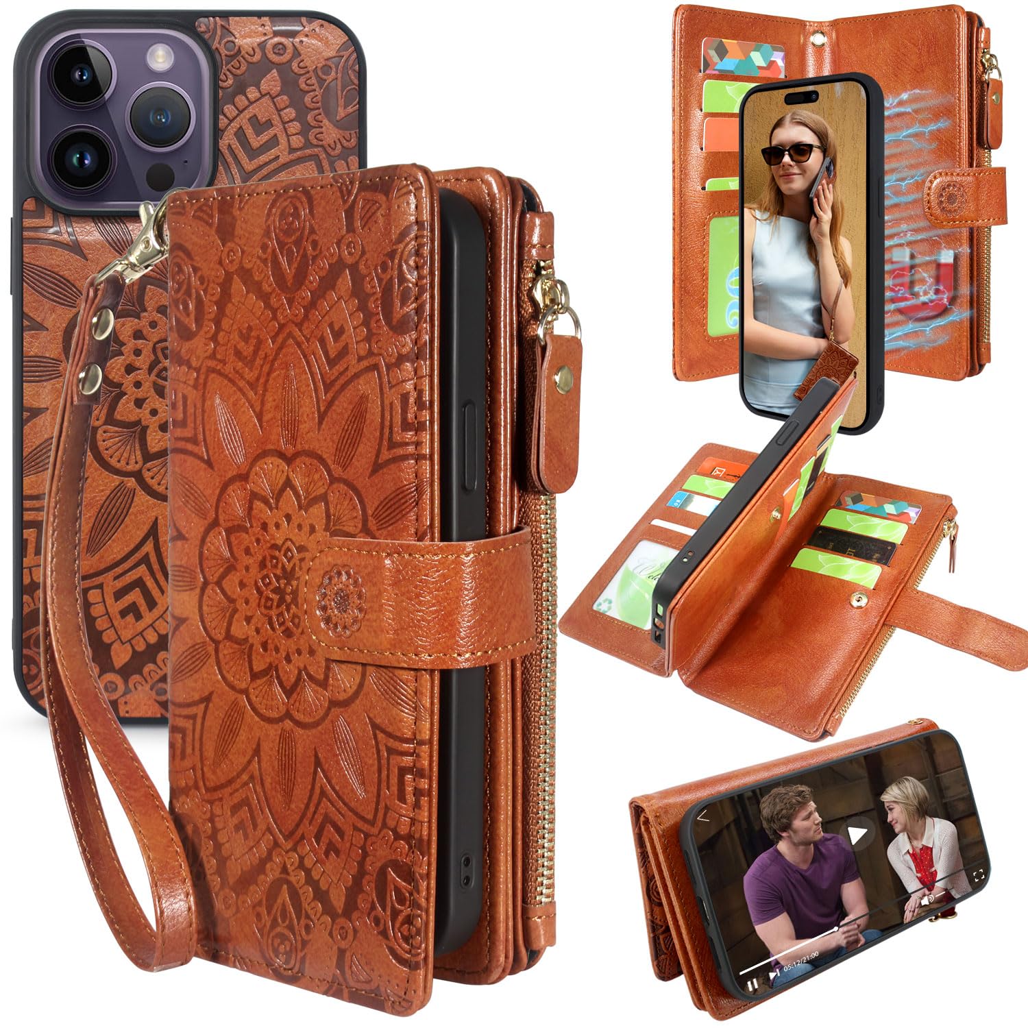 Harryshell Compatible with iPhone 14 Pro Max 6.7 inch 5G 2022 Wallet Case Detachable Magnetic Cover Zipper Cash Pocket Multi Card Slots Holder Wrist