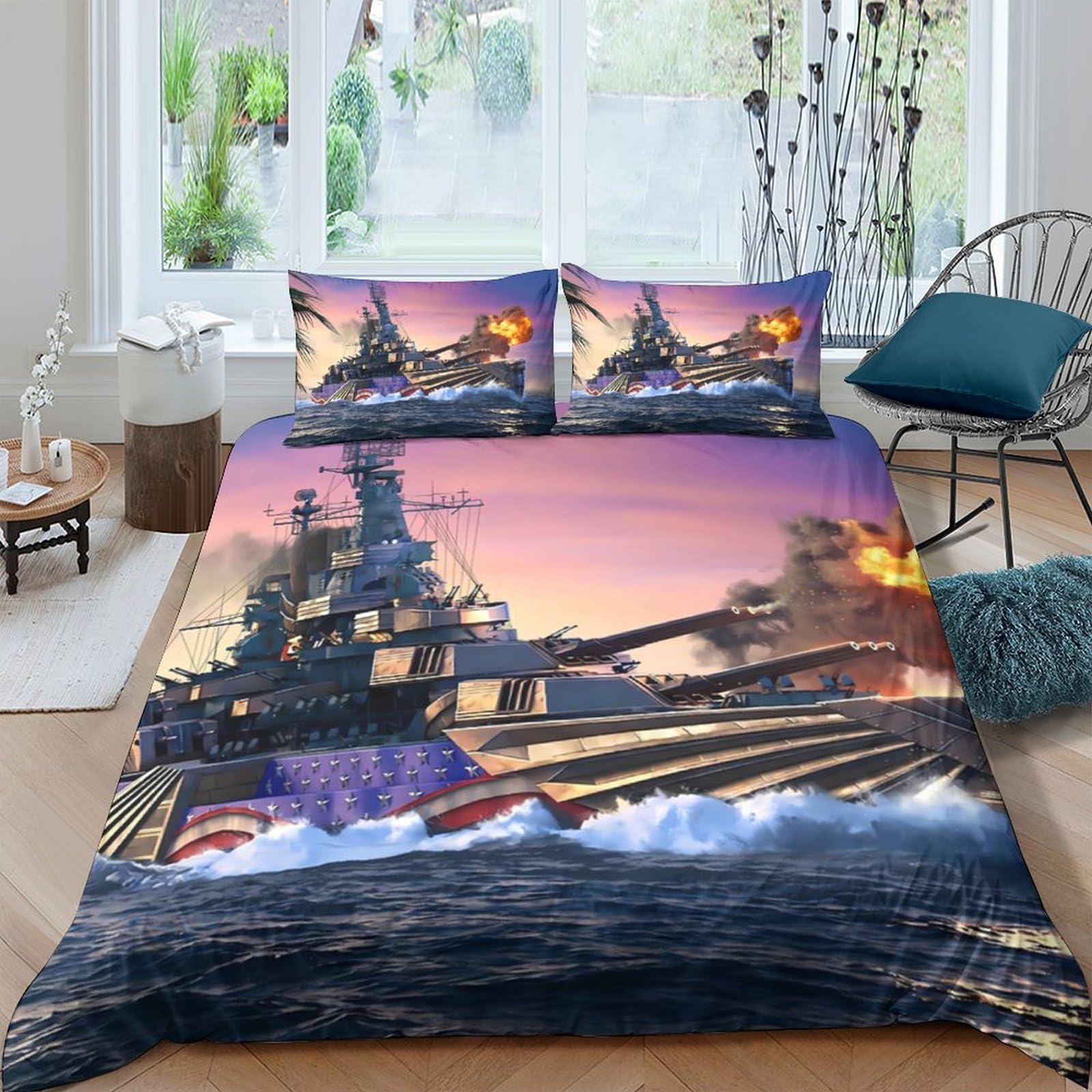 Ctjqhvkz Style-5 3D Printed Battleship Sunset Fitted Sheet Microfiber Soft Decorative Navy Bed Sheet For Bedroom Guest Room Single（135X200cm）