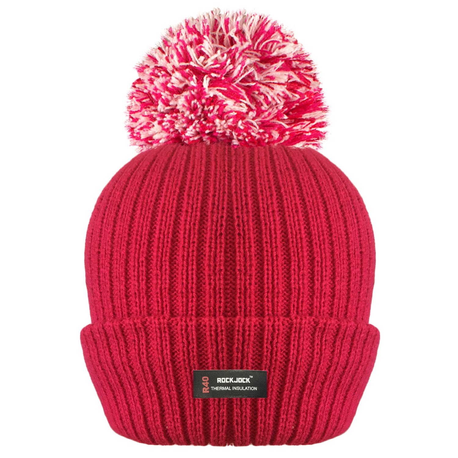 Rockjock Women's Red R40 Winter Pom Pom Ribbed Beanie Hat With Advanced Thermal Insulation