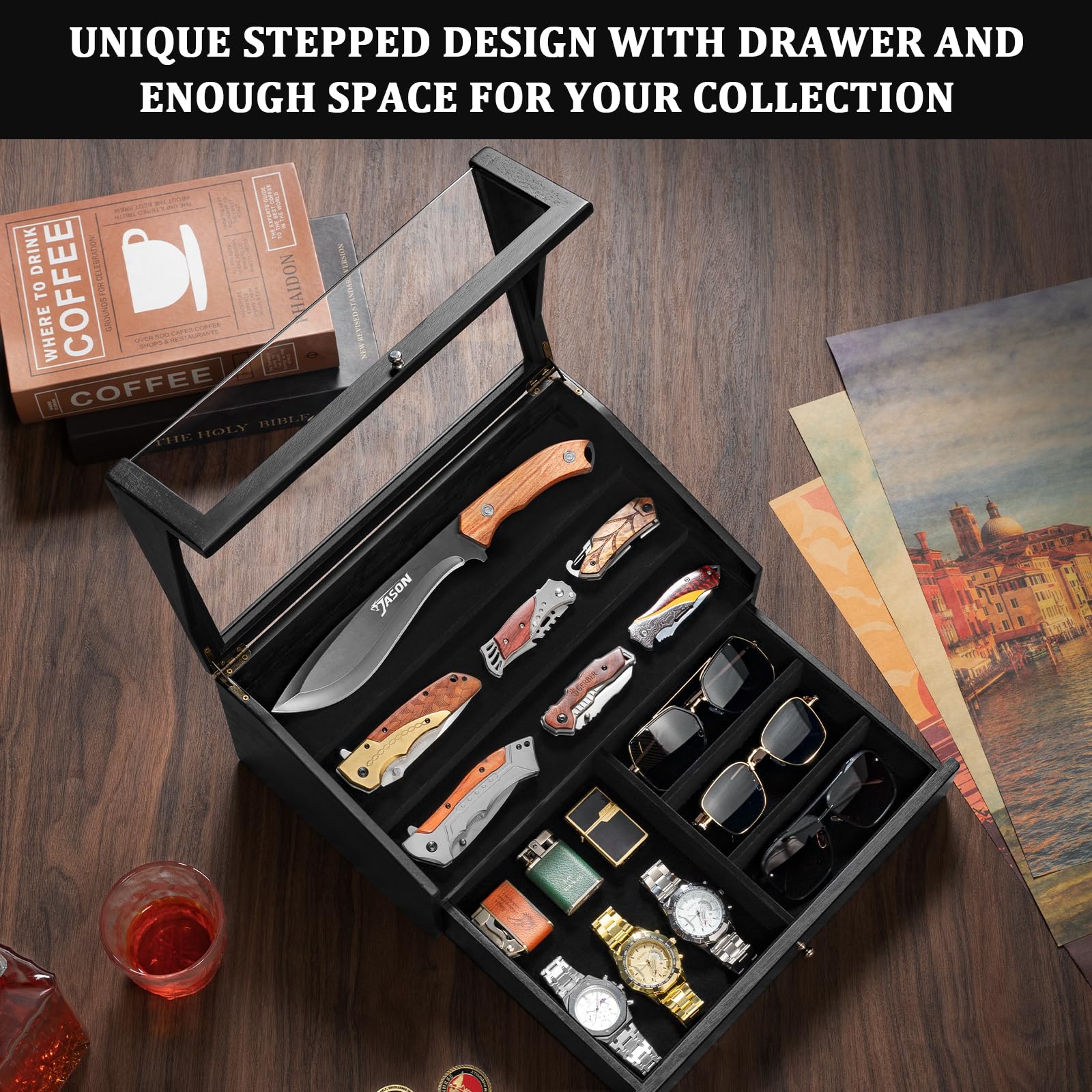 Coffret Poignard Bois, 2 Étages 3 Rangées Boîte Présentation Poignard avec Tiroir et Couvercle Transparent, Doublure Velours, Présentoir à Couteaux pour Collection, Cadeau (Noir)