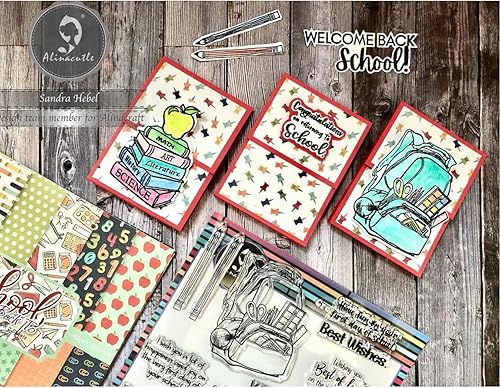 Miniatura 4 de Alinacutle Sellos transparentes de bienvenida a la escuela y 1 juego de sellos transparentes con marco de corte de metal troquelado para