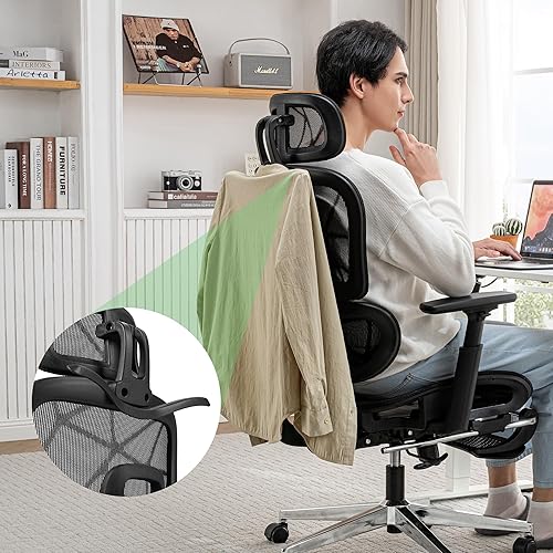 Miniatura 9 de Silla de oficina ergonómica de malla con reposapiés, silla de malla de respaldo alto para juegos con soporte lumbar, reposacabezas y apoyabrazos