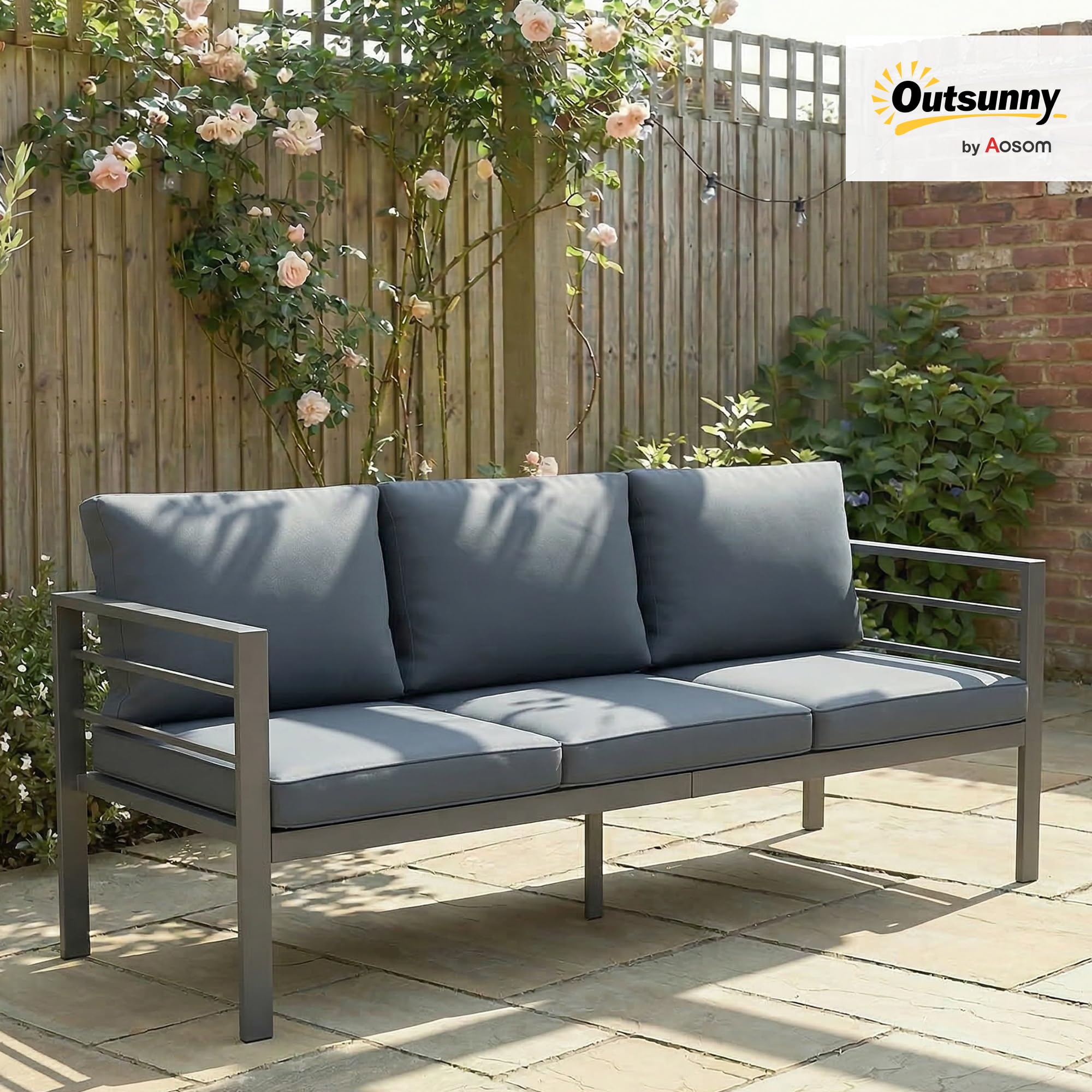 Outsunny Canapé de Jardin 3 Places Extérieur Aluminium 185L x 66l x 64H cm | Coussins d'Assise et Dossier