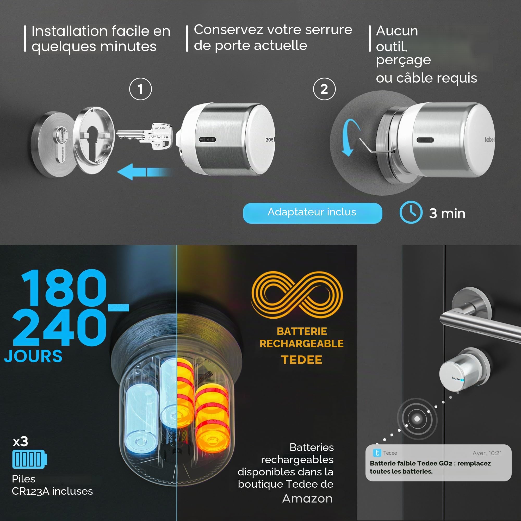 tedee GO2 Alu Serrure connectée avec WiFi et clavier biométrique à empreintes digitales pour un accès à distance, Alexa Google Smart Home Smart Lock avec App et Bluetooth