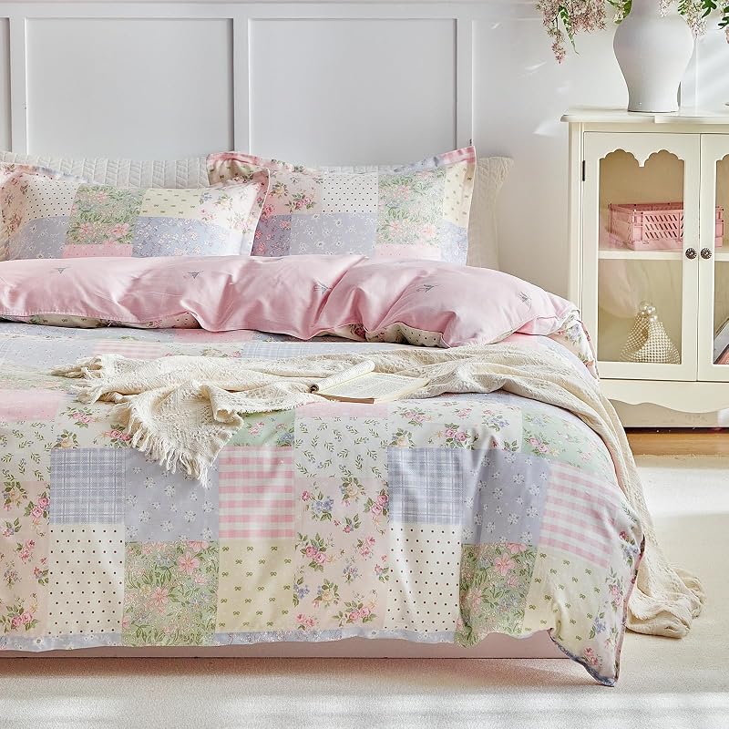 Joyreap 3pcs Twin Size Cotton Duvet Cover Set for Girls, Colorful Flowers Grids Patchwork Design, 1 Duvet Cover 68x90 Inches (Comforter Not Included) and 2 Pillow Shams image 3