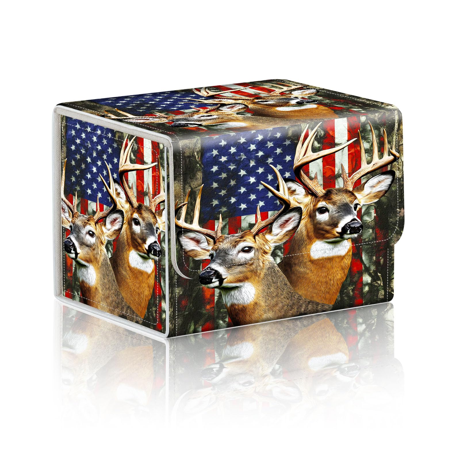 DISUOFEART Trading Card Storage Box, Holds 100+ for MTG Cards, Premium PU Leather with Magnetic Closure, Deer & American Flag Durable Deck Box for Magic the Gathering, Trading Card Games