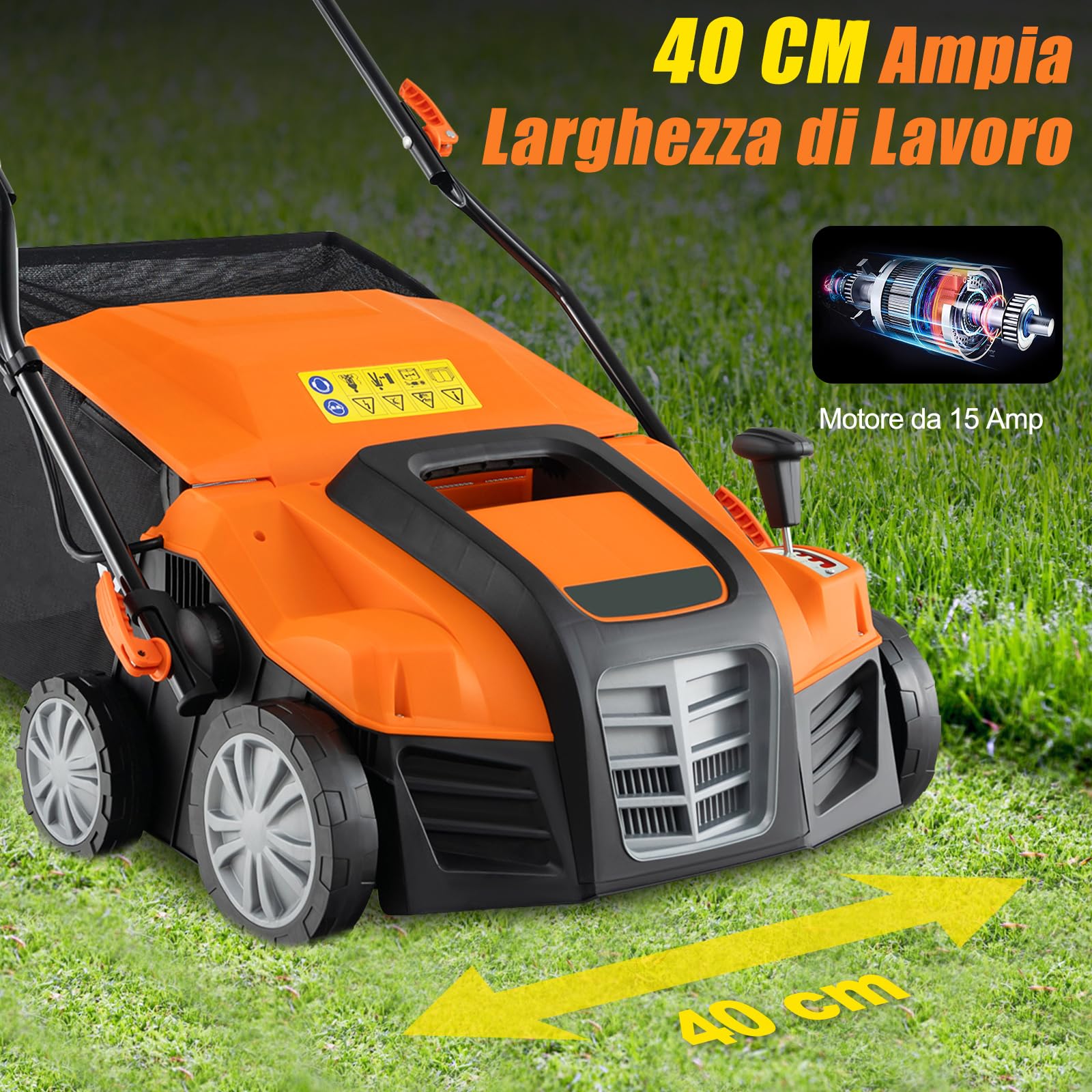 COSTWAY 2 in 1 Scarificatore Elettrico, 40 cm, 2000W, 3500rpm, Erbicida Pieghevole con Sacca di Raccolta da 55L, Regolazione Profondità 5 Livelli, Adatto Prato 800 ㎡ (Arancione)