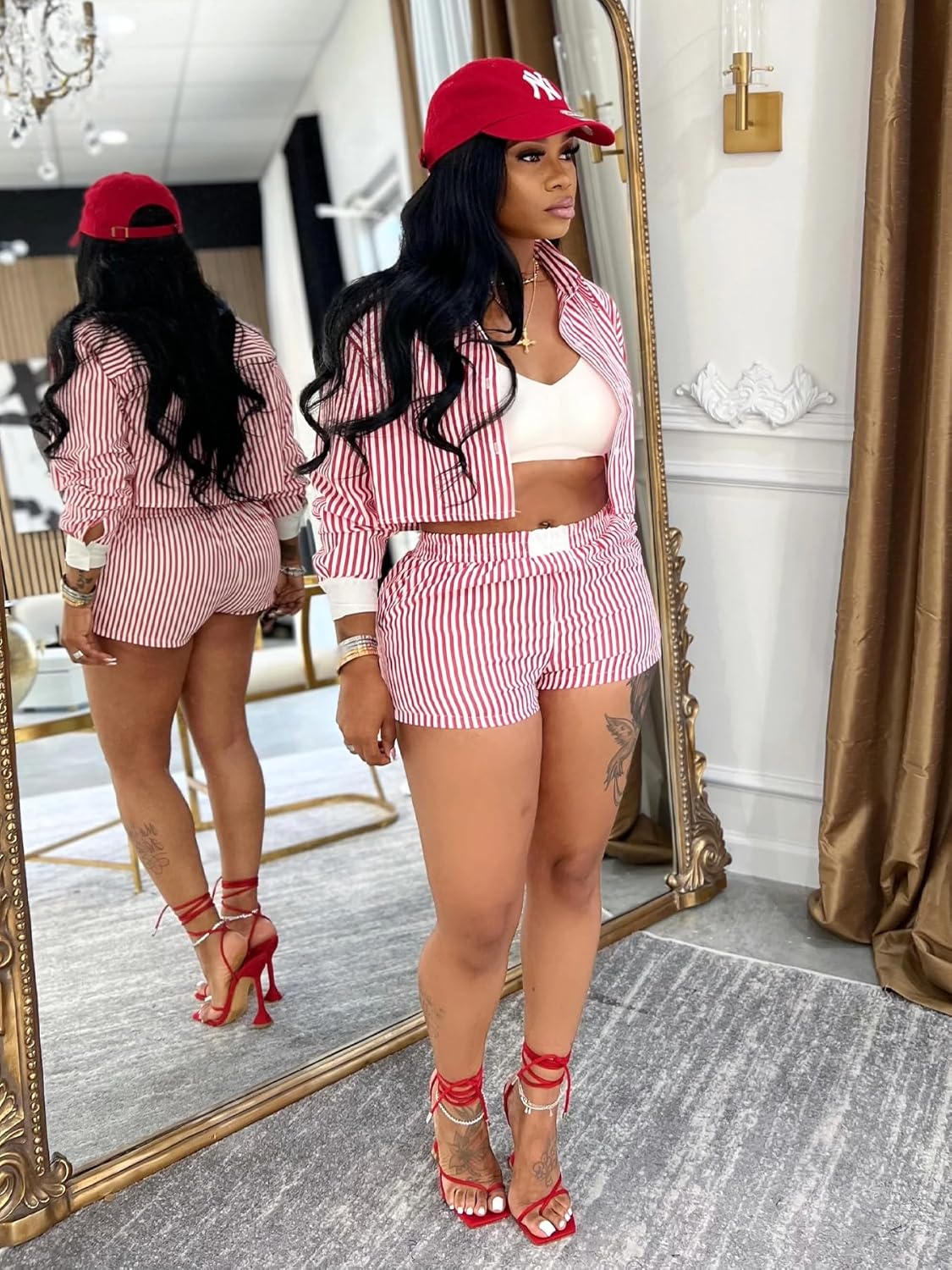 Wuitrie Summer Women's Striped 2 Piece Outfits Long Sleeve Button Down Shirts and Shorts Sporty Lounge Matching Sets - Image 2