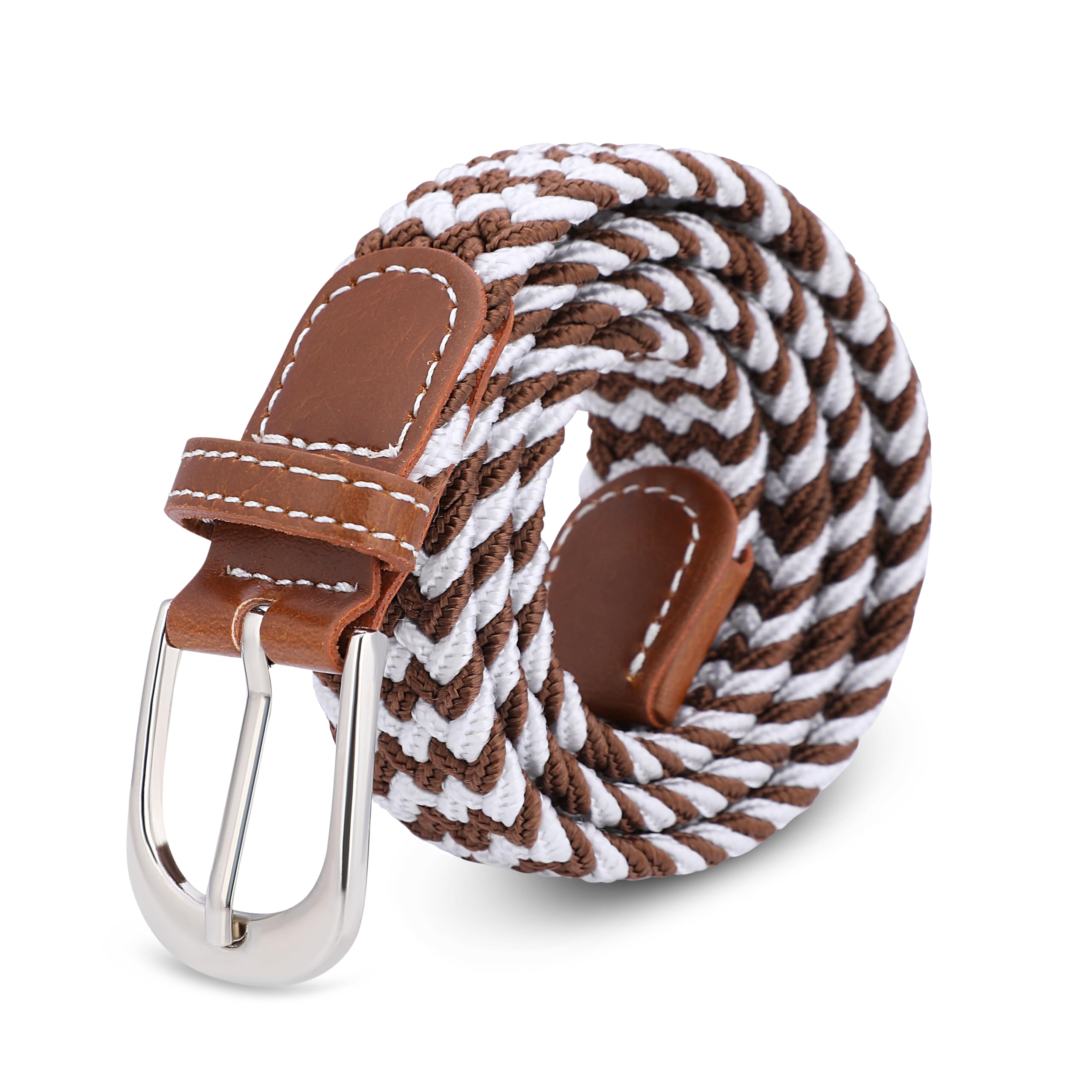 MagicPop Unisex Child Nylon Stretchable Belt for Kids, Fancy Belt for Formal, Casual & Jeans Wear, Waist 20-24-28-30 Inch 3|5|7|9|11 Yrs (Brown-White, W26-30 Inch) - Image 2 thumbnail