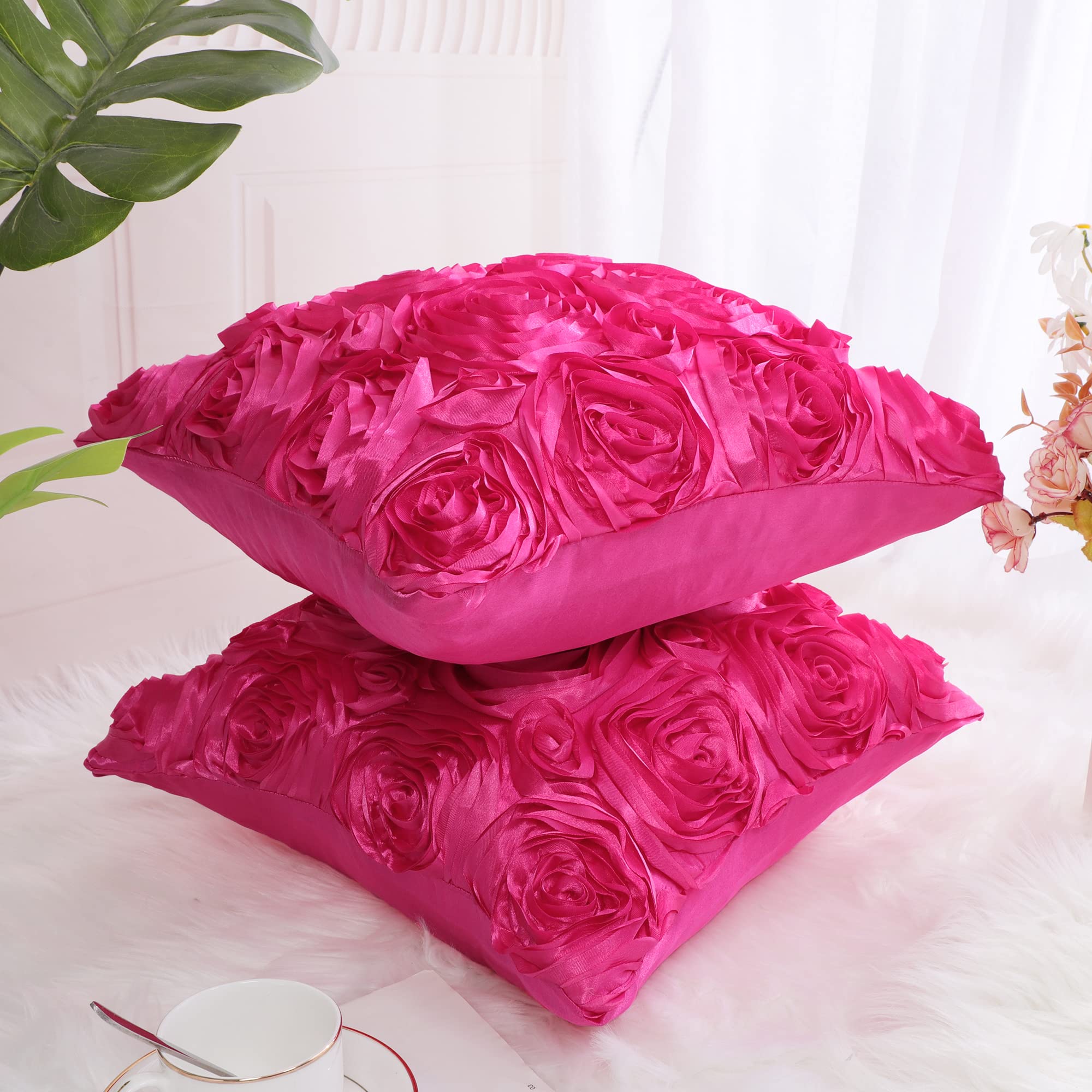 Juego de 2 fundas de almohada con diseño de flores 3D, románticas fundas de cojín decorativas de satén, funda de almohada con rosas estéreas, para cama, sofá, 16 x 16 pulgadas, color 3