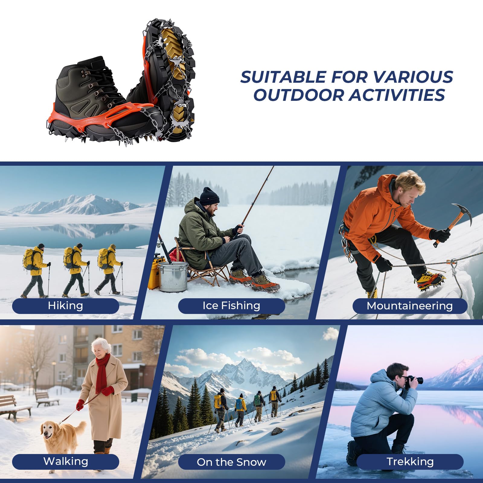 Crampons à Glace 24 Pics, Antidérapants Adulte et Enfant Randonnée Hiver