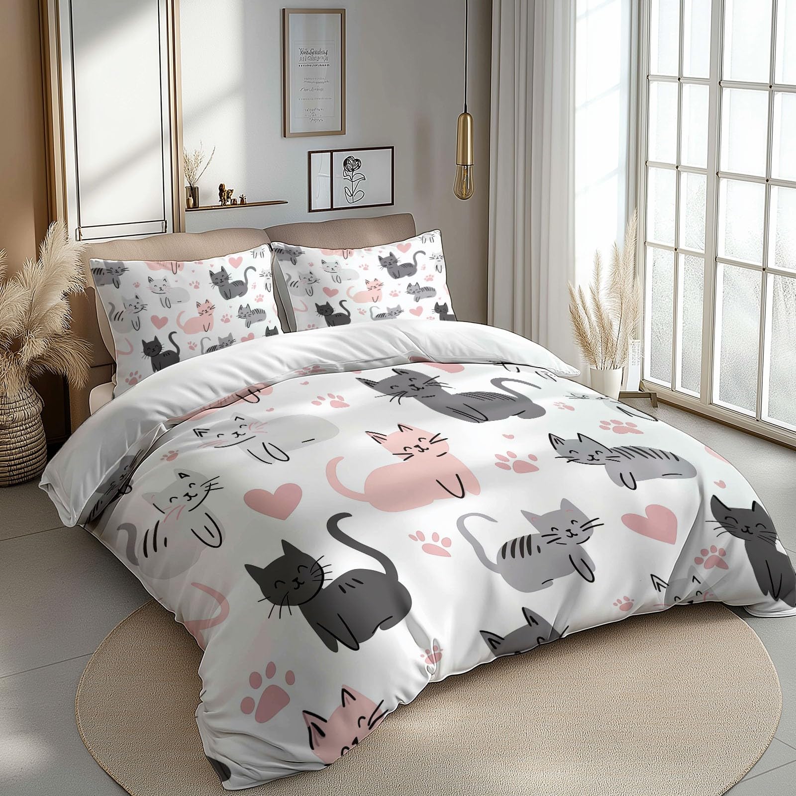 Ropa de Cama Suave y Acogedora para Cama 105 Gato Animal Abstracto De Dibujos Animados Juego de Funda de Edredón de Polialgodón 180x220 cm, 50% Poliéster y 50 Algodón Juego de Cama