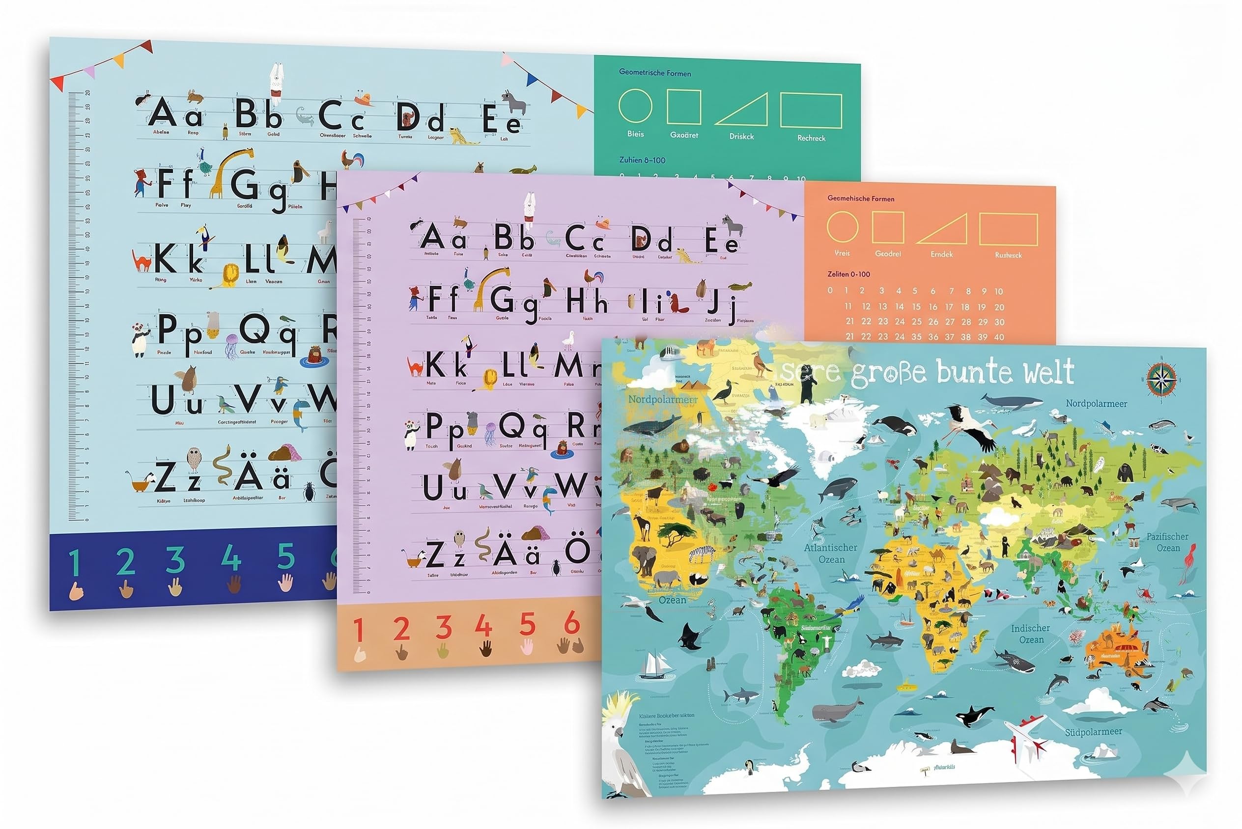 3er Set Schreibtischunterlagen Bundle – ABC & Zahlen (Blau & Rosa) + Große Weltkarte für Kinder – DIN A2 Schreiblern-Unterlagen aus Papier – Made in Germany