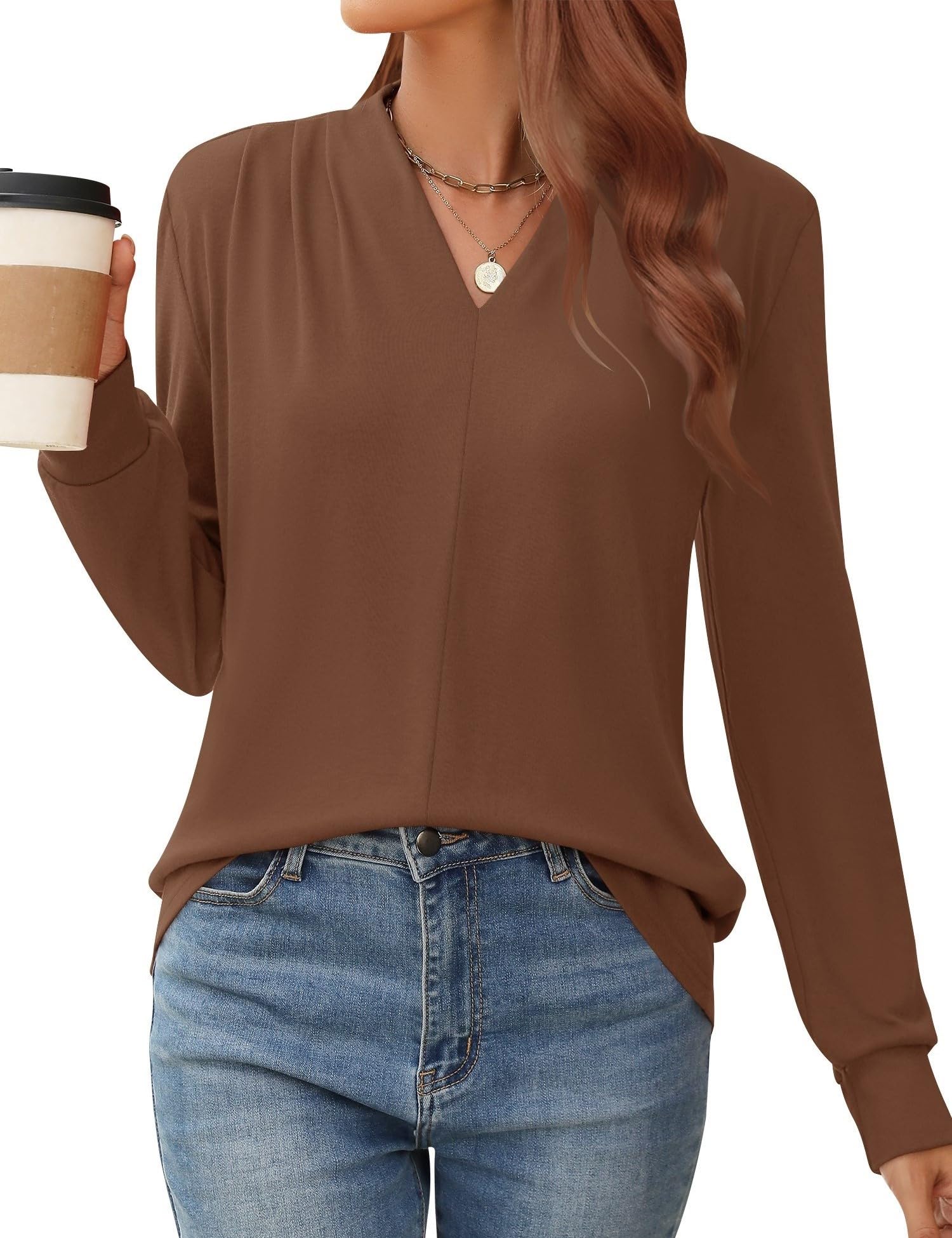 AKEWEI Nice Feminine V-Neck Shoulder Pleats Fashion Tops Fall and Winter Months Versatile Shirts Dressy Casual S-2XL