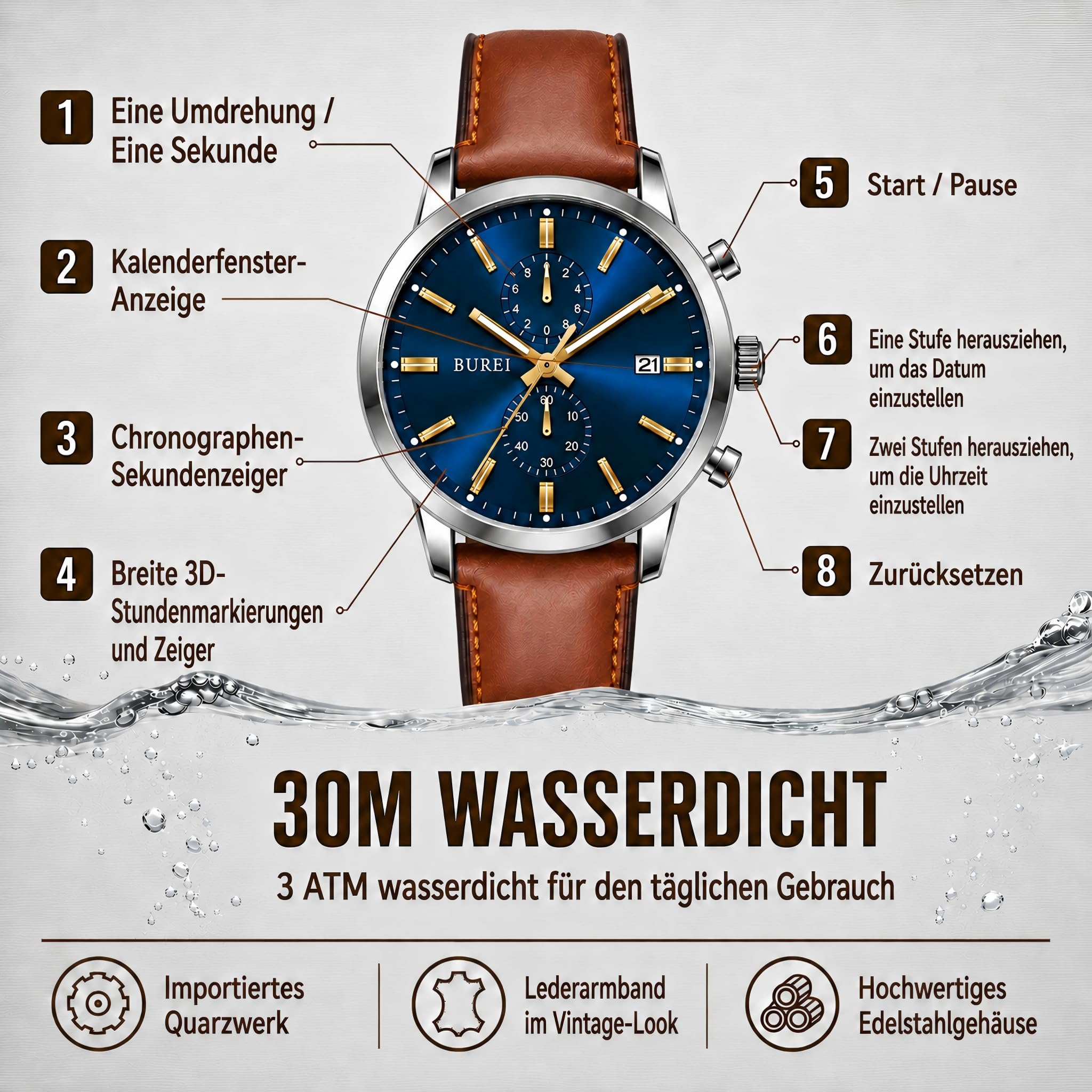 BUREI Herrenuhr Chronograph 44mm – Retro Armbanduhr Herren mit großem Zifferblatt & Lederarmband | Business, Casual, Sport | wasserdicht | Geschenk für Männer
