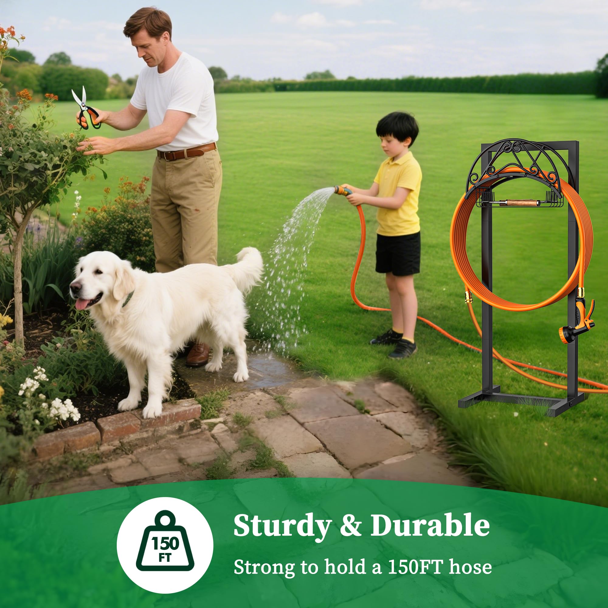 Soporte para manguera de jardín, soporte de metal resistente para manguera de agua con capacidad para 150 pies para césped exterior, desmontable