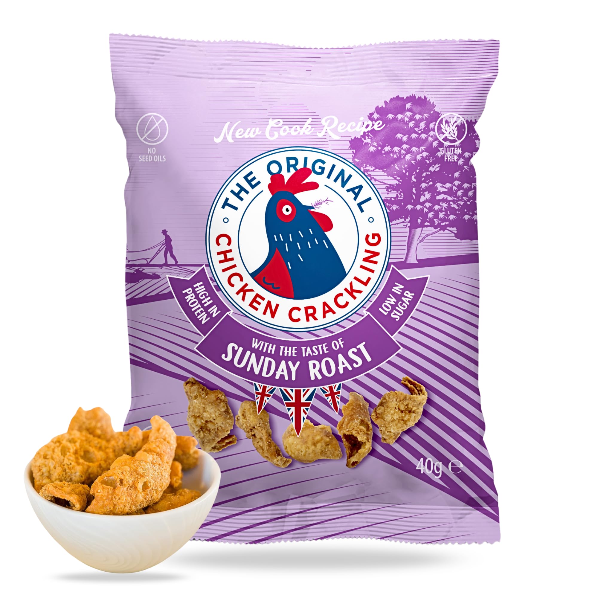Chicken Crackling Hand Cooked Snack. NEW Double Cooked, Sunday Roast Flavour. Low Carb, High Protein, Keto, Gluten Free Alternative to Pork Scratchings. 10x 40g Bags