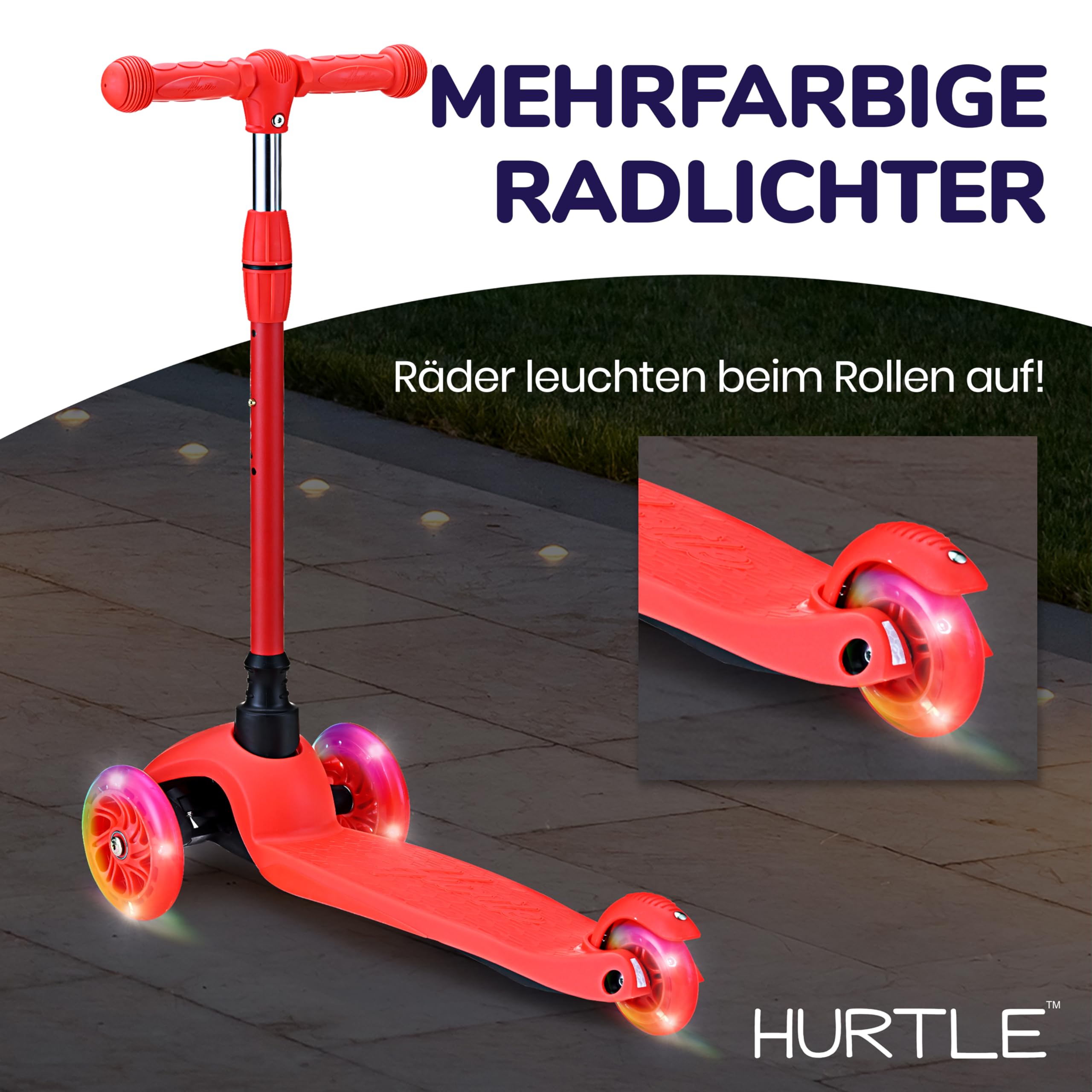 Hurtle Roller Kinder 2–5 Jahre – Höhenverstellbarer Scooter mit LED-Rollen & Lenk- und Kipp-System – Kinderroller für Jungen & Mädchen, Indoor & Outdoor, bis 20 kg