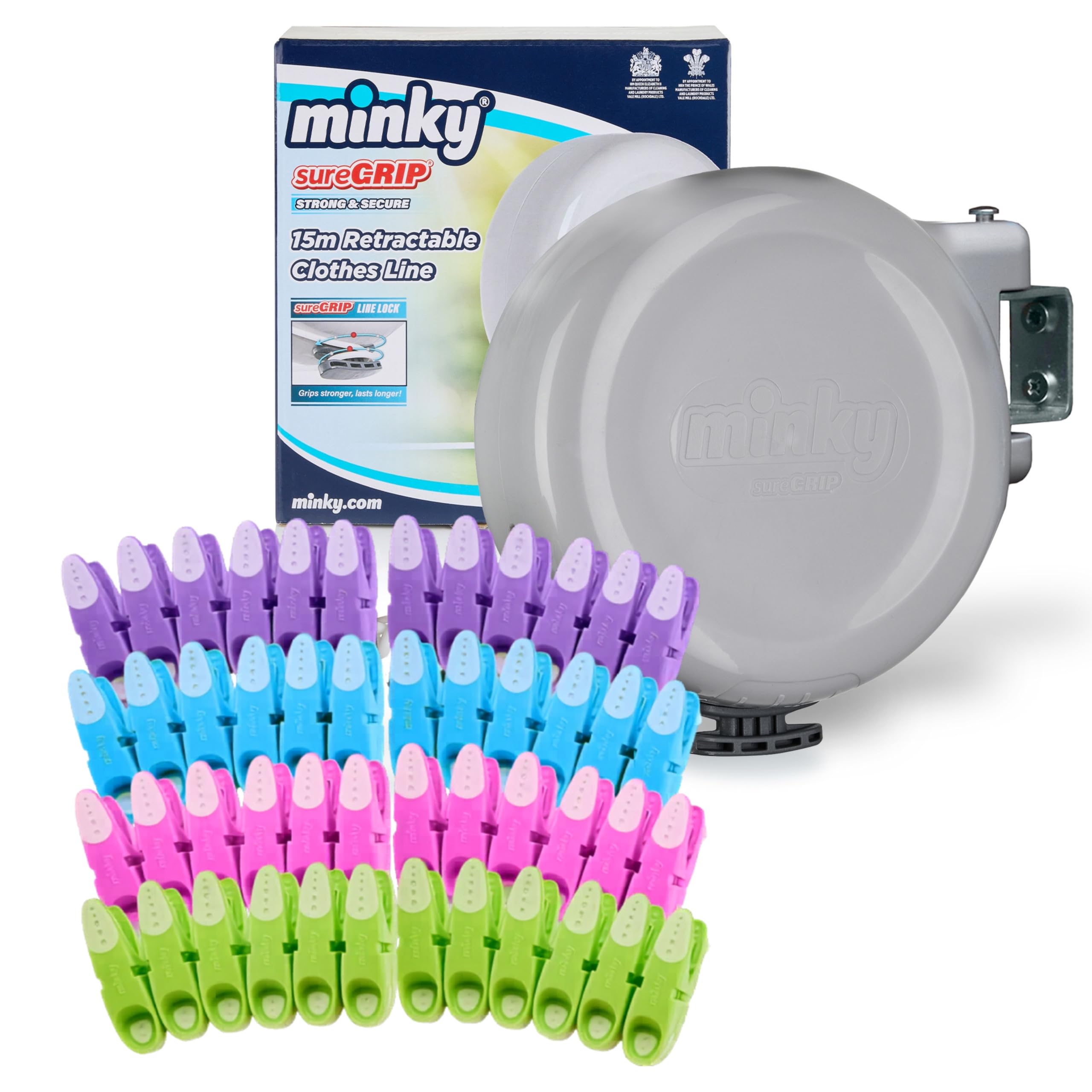 Minky Grey Suregrip 15M Retractable Washing Line + 48 Suregrip Pegs, Wall Mounted Outdoor Extendable Clothes Single Line, Strong & Durable Weatherproof Peg