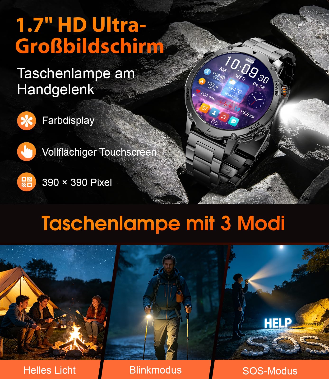 LIGE Militär Smartwatch Herren, 1400mAh Akku, 1,7 Zoll HD Große Smart Watch mit LED Taschenlampe, Bluetooth Anruf, 110+ Sportmodi, IP68 Wasserdicht, Fitnessuhr für Android iOS, 2 Armbändern, Schwarz