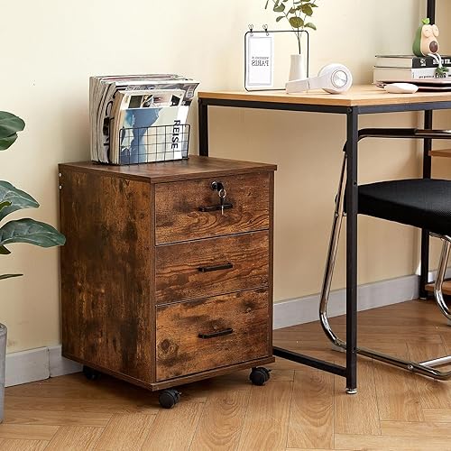 Miniatura 2 de TUKAILAi Archivador móvil con 3 cajones, unidad de almacenamiento con cerradura, archivador de madera con ruedas, para documentos de tamaño