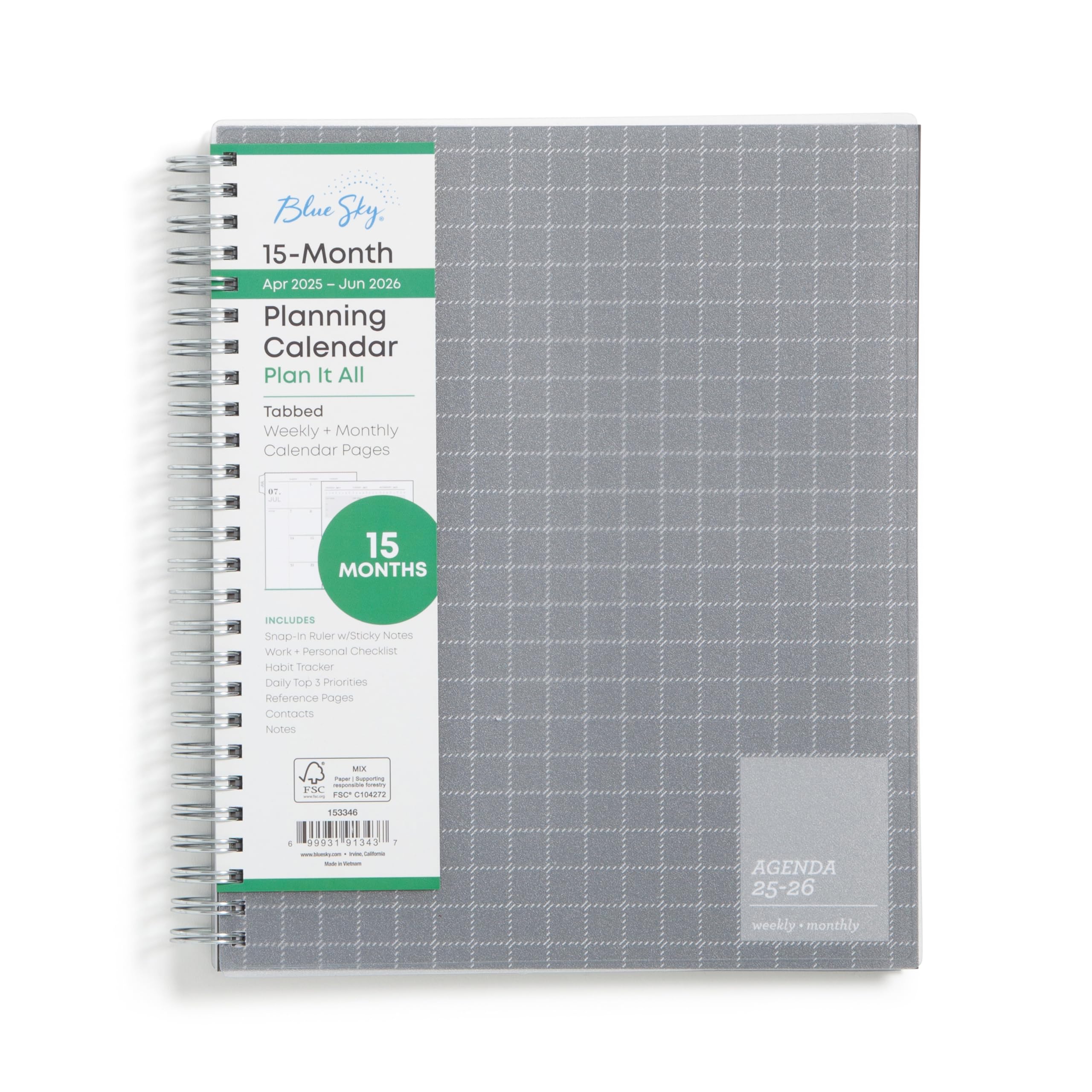 Blue Sky 2025-2026 Academic Year Weekly and Monthly Planner Calendar, April 2025 - June 2026, 15-Month, 7" x 9", Flexible Cover, Wirebound, Laminated