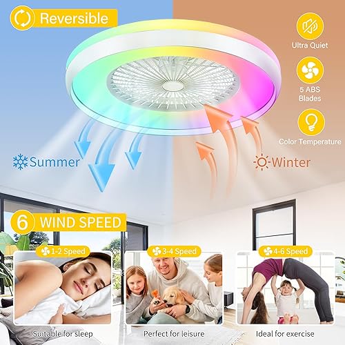 Miniatura 7 de KAMLAM Ventiladores de techo sin aspas de 24 pulgadas con luces, ventilador de techo RGB inteligente con control AlexaGoogle AssistantAPP,