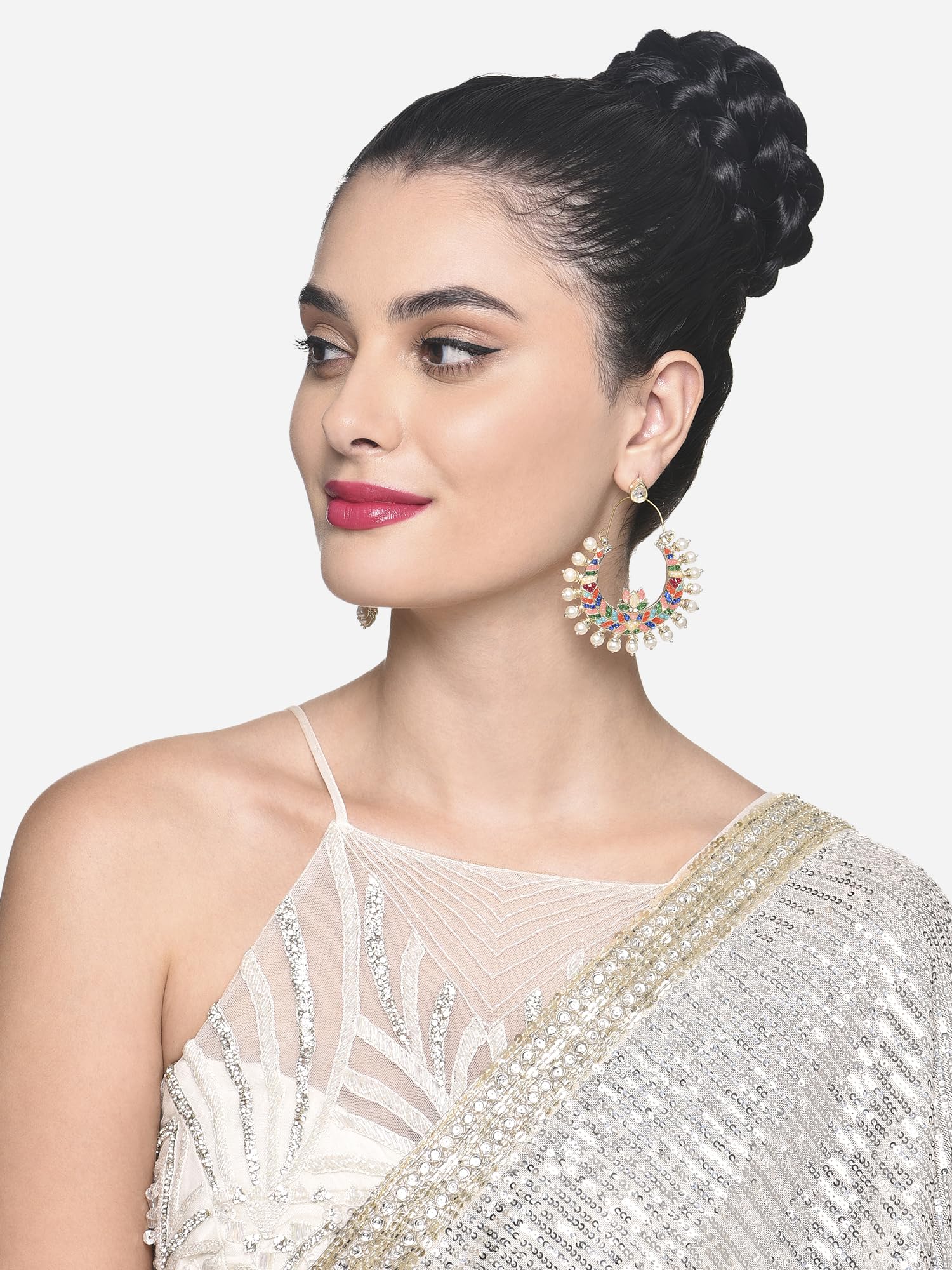 Crescent Lotus Ethnic Dangle Earrings with Stones - ZPFK16398