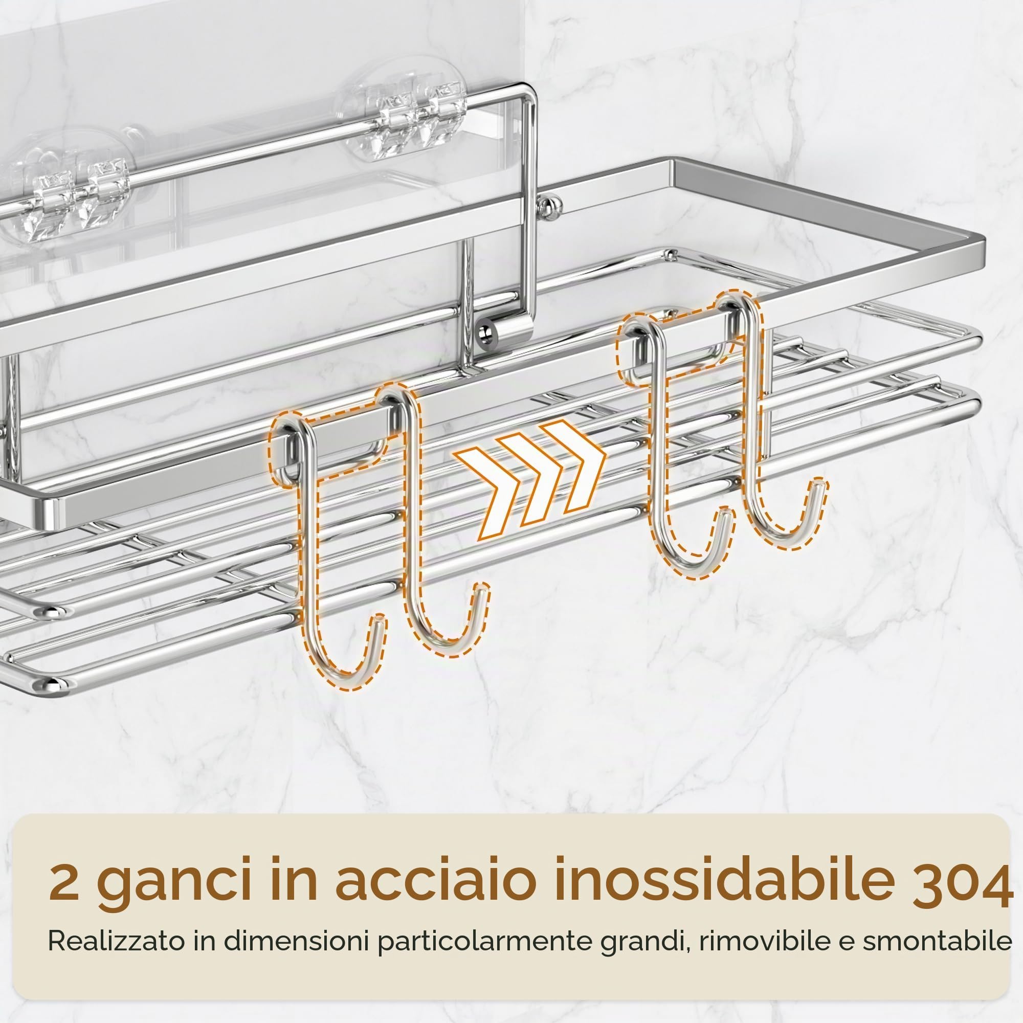 Pickpiff Mensola per doccia senza foratura SUS304 in acciaio inox, 2 pezzi, mensola doccia con 2 ganci, organizer bagno, supporto per shampoo per doccia autoadesivo