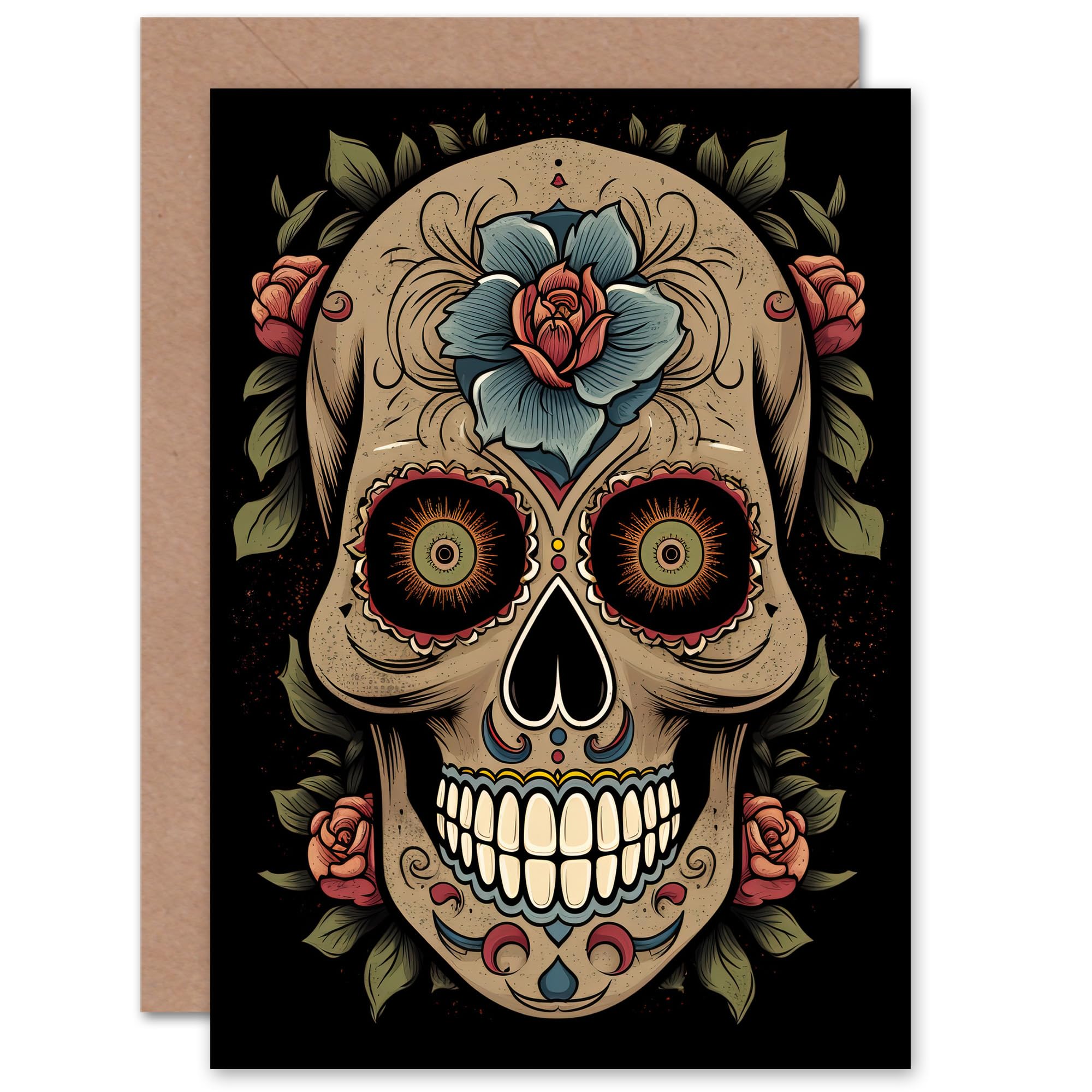 Artery8 Day of the Dead Skull for Wife Her Mum Sister Daughter Mom Gran Nan Birthday Thank You Congratulations Blank Art Greeting Card