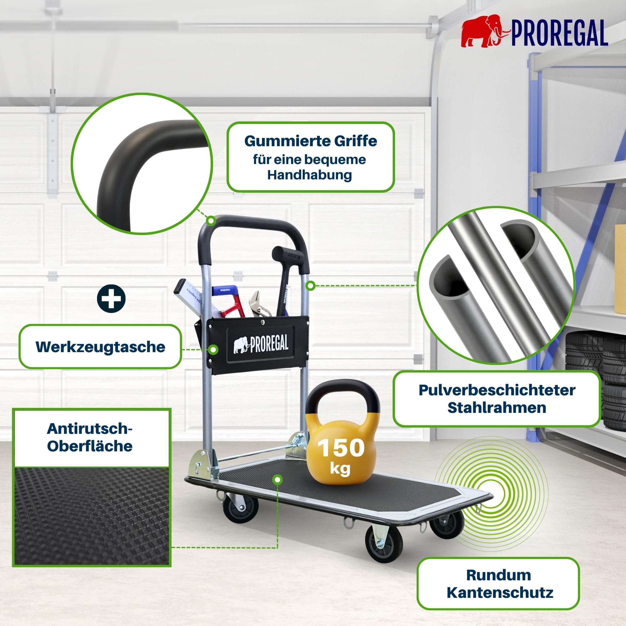 PROREGAL Profi-Plattformwagen Transportwagen Rhino 150kg klappbar mit Gummiräder, 360° Lenkrollen & Bockrollen mit Feststellbremse, mit Werkzeugtasche & 6 Sicherungsösen, Transporthilfe groß & leicht