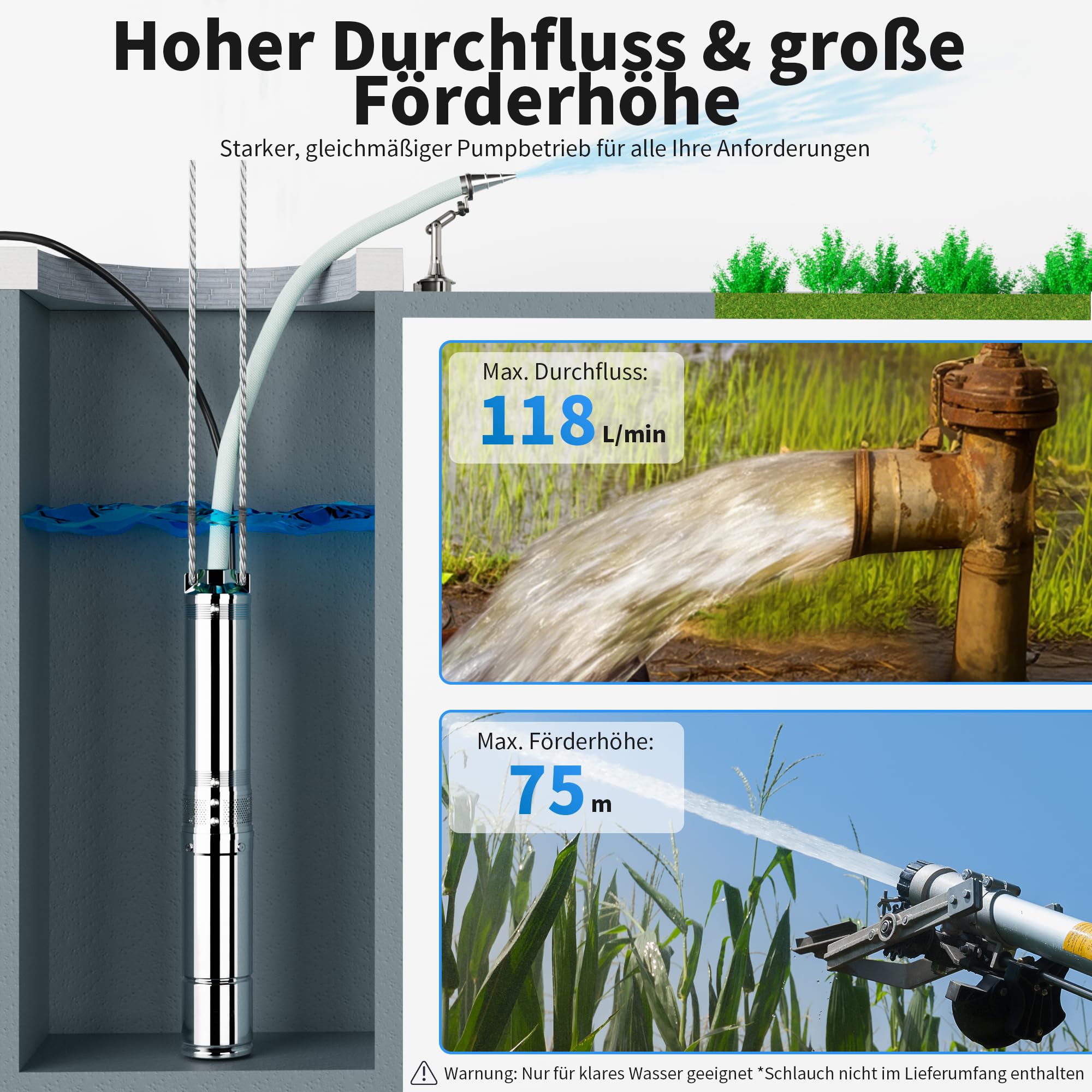 FOTING 750 W Tiefbrunnenpumpe 1 HP Brunnenpumpe 118 L/min Tauchpumpe max. | Förderhöhe 75 m Rohrpumpe 230 V 50 Hz Sandpumpe IP68 für Süßwasserversorgung Bewässerung