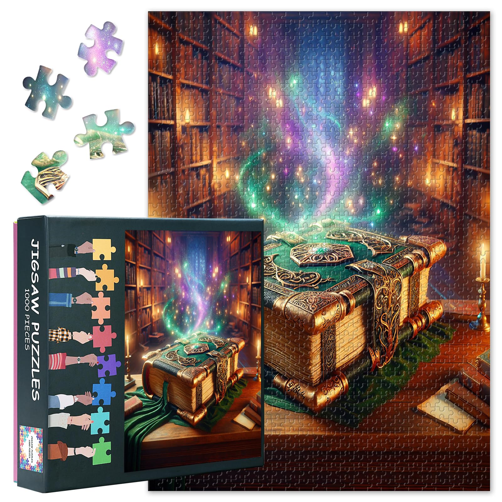 Vintage Wooden Table in the Library and Magic Book Emitting a Magical Glow Puzzles for Adults 1000 Pieces, Impossible Jigsaw Puzzle for Adults, 19.5 x 27.5 Inch