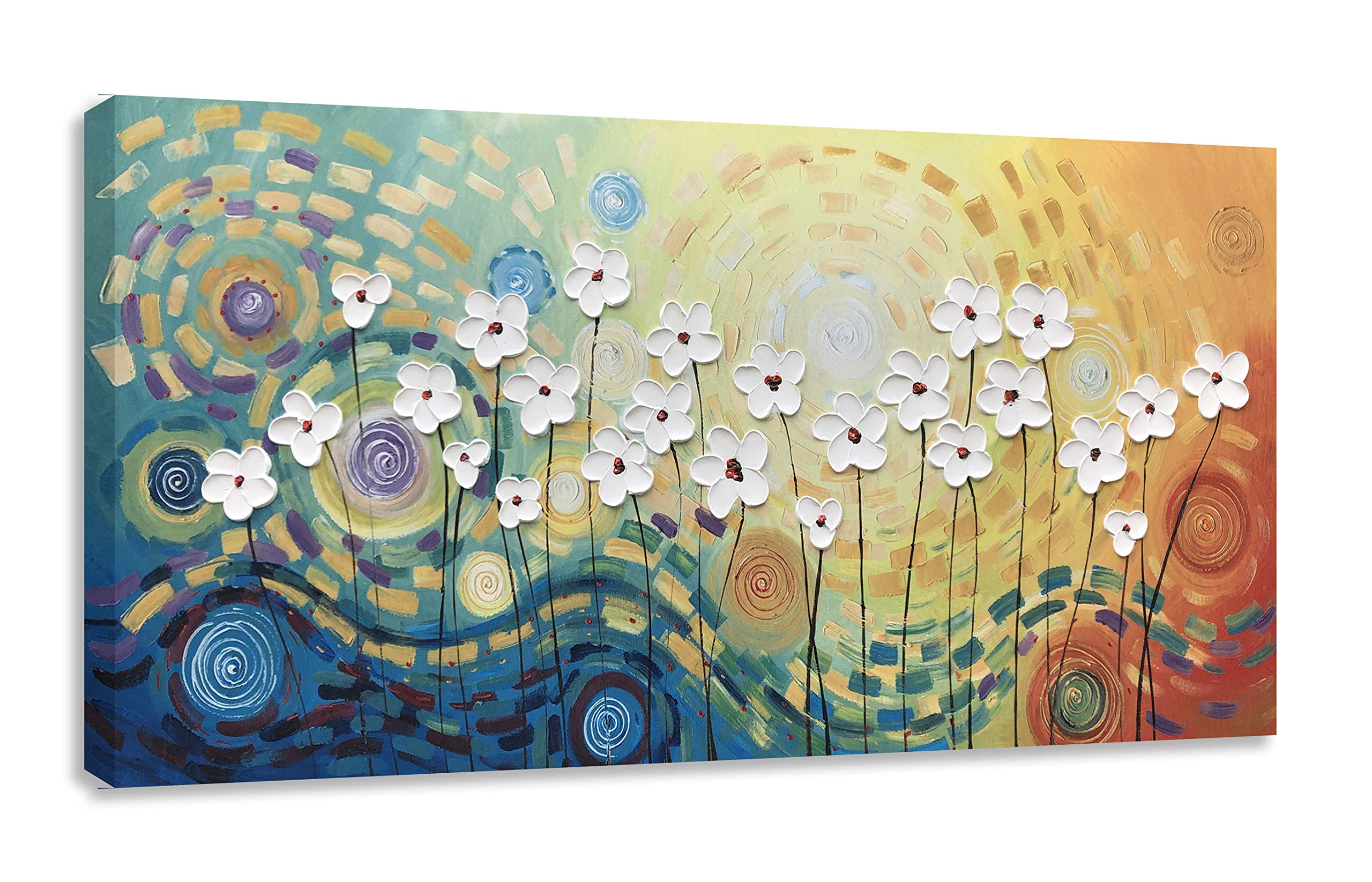 RICHSPACE ARTS Flower Paintings Bright Color Canvas Wall Art Hand Painted Textured Floral Artwork for Living Room Bedroom Kitchen Office Large Modern Colorful Paintings Print for Walls Ready to Hang