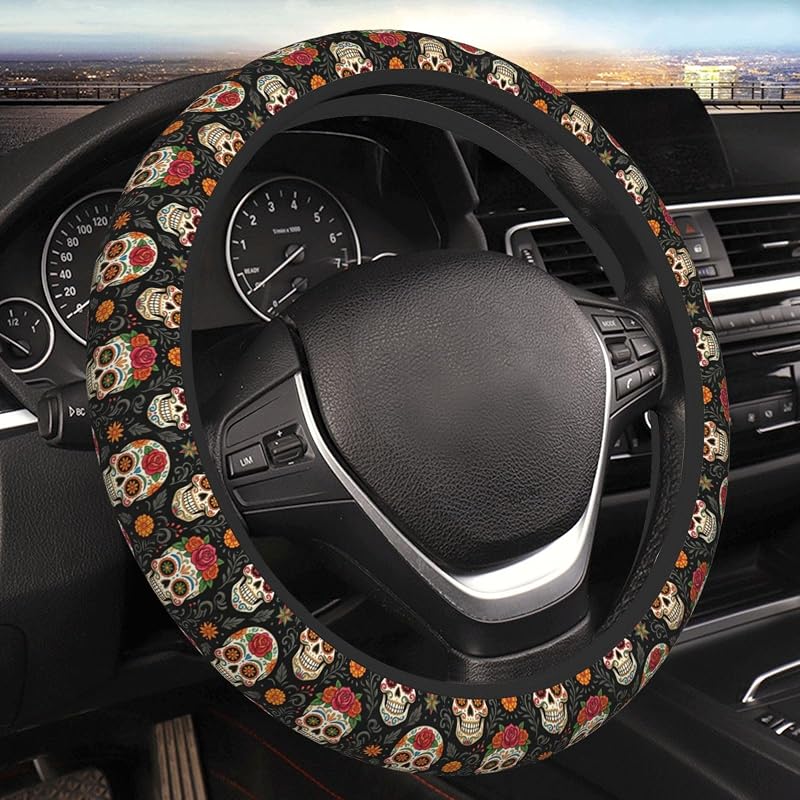 Capa para Volante YISHOW Skull Flower em Neoprene Elástico para Carros, 38,1 cm