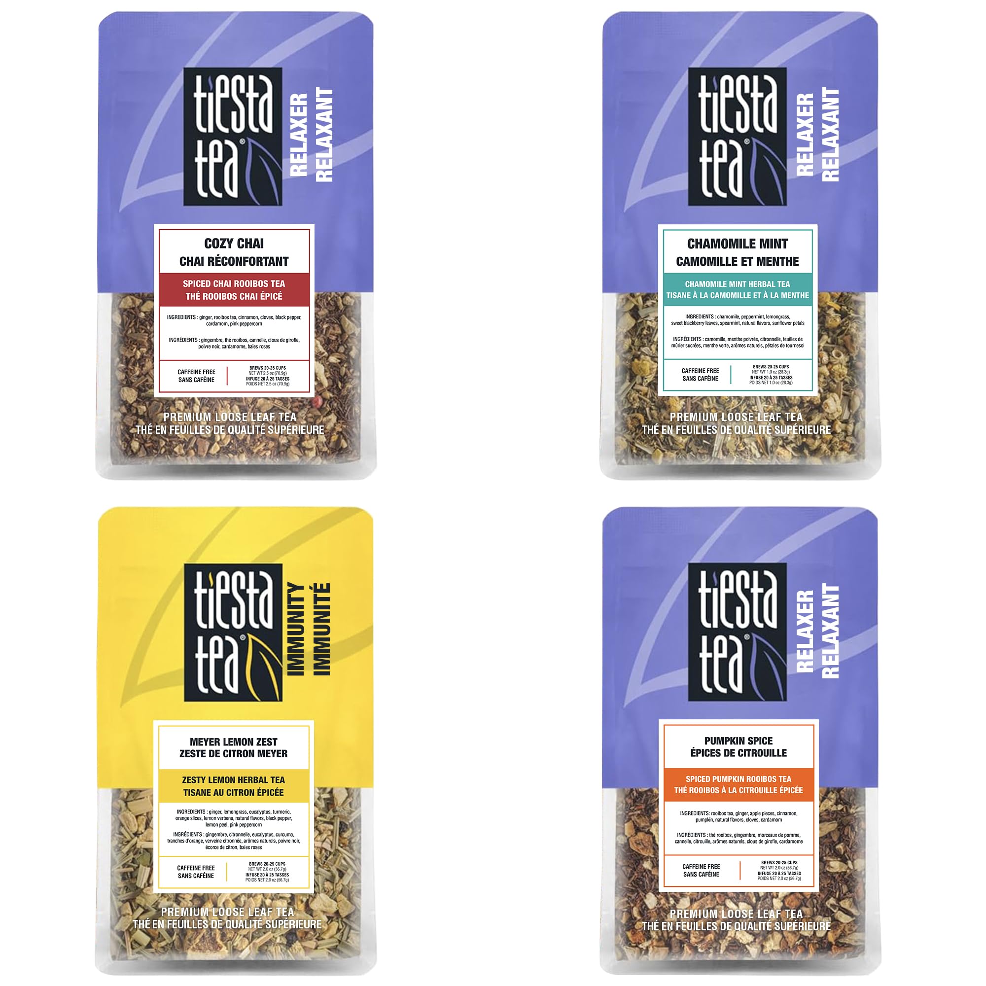 4 Autumnal Tea Blends, Loose Leaf, Premium Blend, Non-Caffeinated, Make Hot or Iced, Pouch of Pumpkin Spice, Cozy Chai, Chamomile Mint, Meyer Lemon Zest, Pack of 4