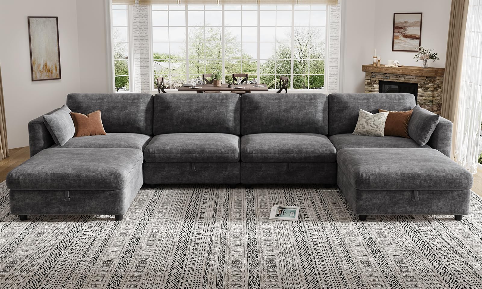 KKL Modular Sectional Couches for Living Room, U Shaped Sofa Couch with Adjustable Backrest, Chenille 6 Seater Sofa Couch with Convertible Ottoman and