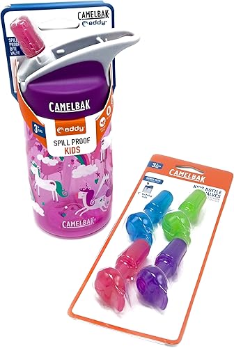 Camelbak Eddy Kids - Botella de agua de unicornio rosa de 12 onzas con 4 válvulas de mordida de colores