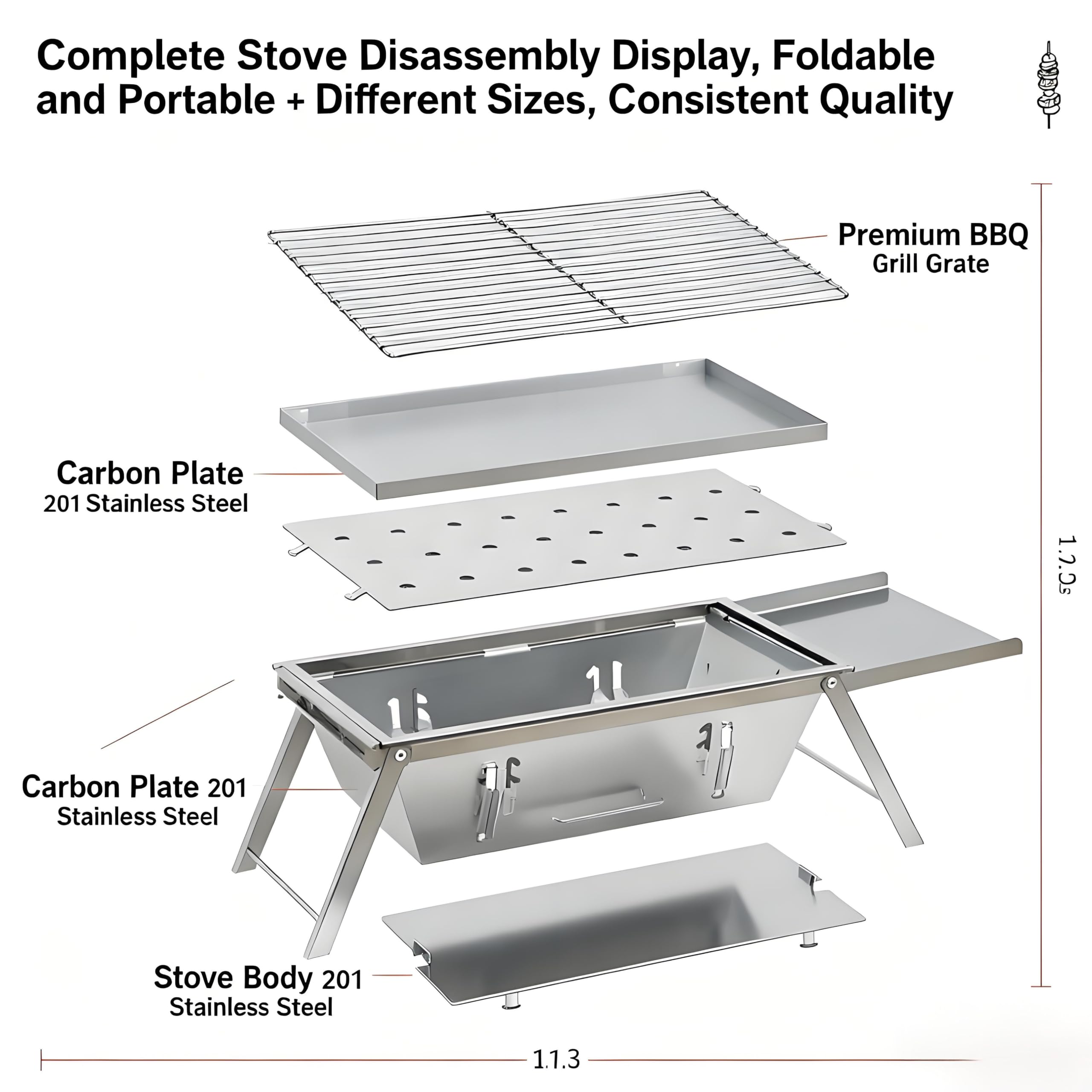Hualisen Edelstahl Holzkohlegrill,28x6.7in Klein BBQ Grill Portable,Klappgrill mit Handschuhen und Aufbewahrungstasche Tischgrill für Partys, Picknickgrill, Reisen, Campinggrill (SK)