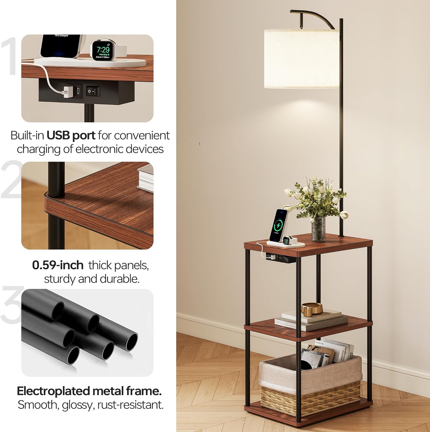 Floor Lamp with Charging Station, 3-Color Temperature LED Bulb (3000K Warm 4500K Natural 6000K Cool), Standing Light with USB & Type-C Ports, for Living Room Bedroom Office Dorm