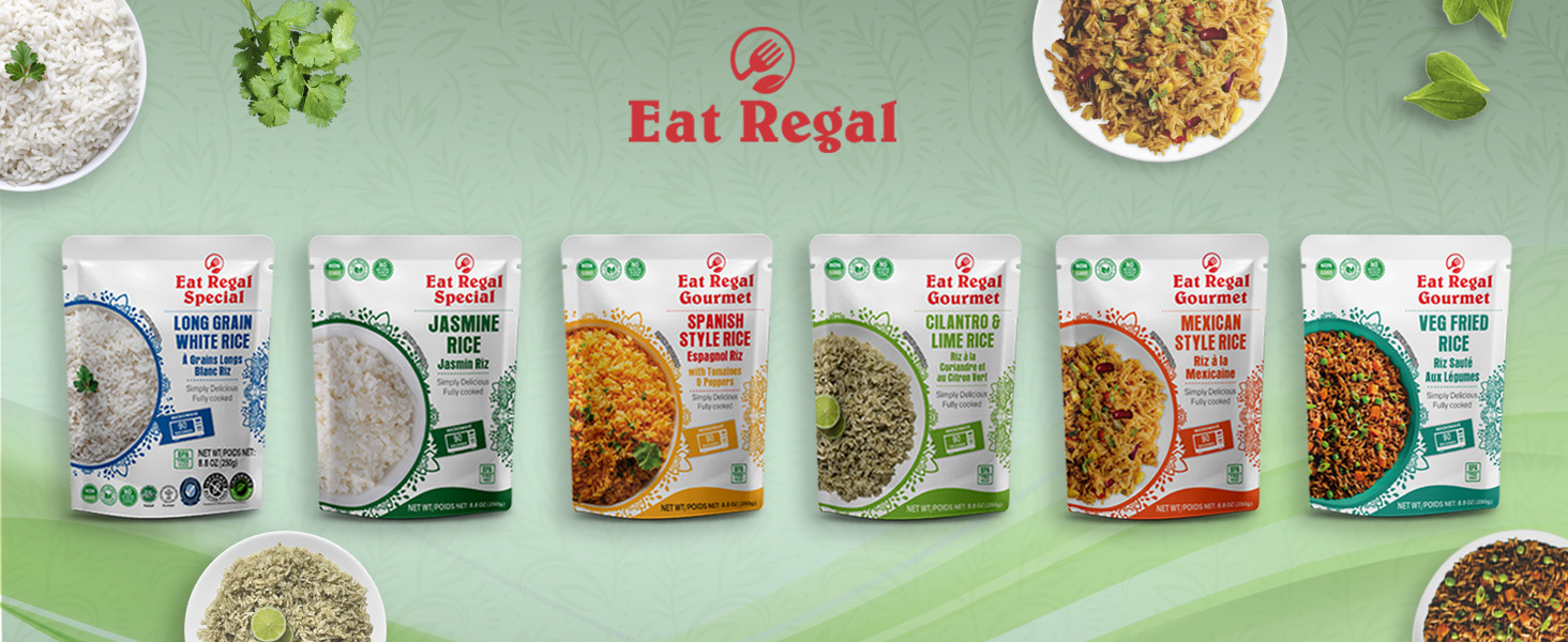 Eat Regal Rice Variety Pack, 8.8 oz | 6 Flavors: Spanish, Thai Jasmine, Long Grain, Cilantro Lime, Mexican, Veg Fried – Ready in 90 Sec – Non-GMO, Gluten-Free