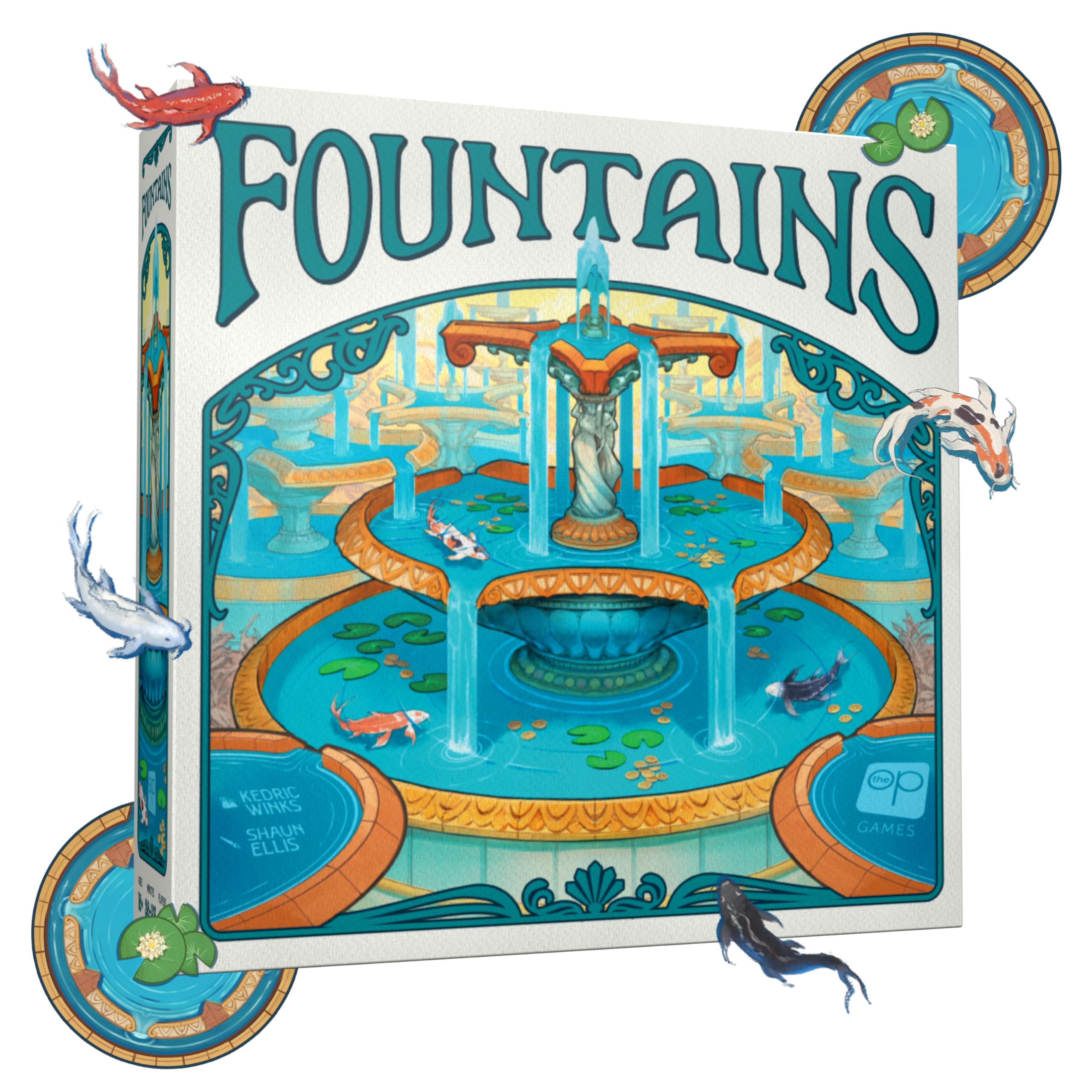 Fountains Board Game, Competitive Tile-Laying Strategy Game, Stunning Art Nouveau Aesthetic, 1-5 Players, Unique 3D Stacking & Drafting, Family &