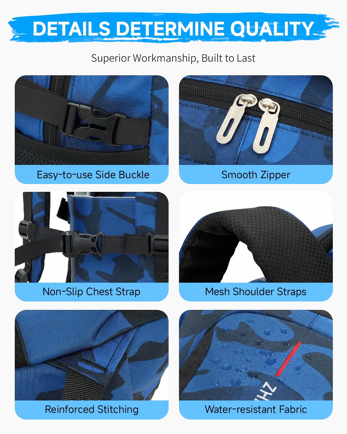Mochila con Ruedas para Adolescentes Chicos, Mochilas Escolares con Carrito Desmontable, Mochilas de Camuflaje de Moda para Instituto Mochila Casual para Viajes, Azul