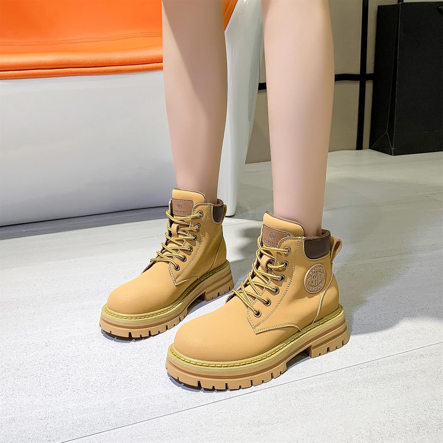 Women's Genuine Leather Lace Up Chunky Platform Dress Ankle Boots Hollow Out Breathable Round Toe Combat Boots Comfortable Non-Slip Oxfords Shoes for Daily Party Wedding