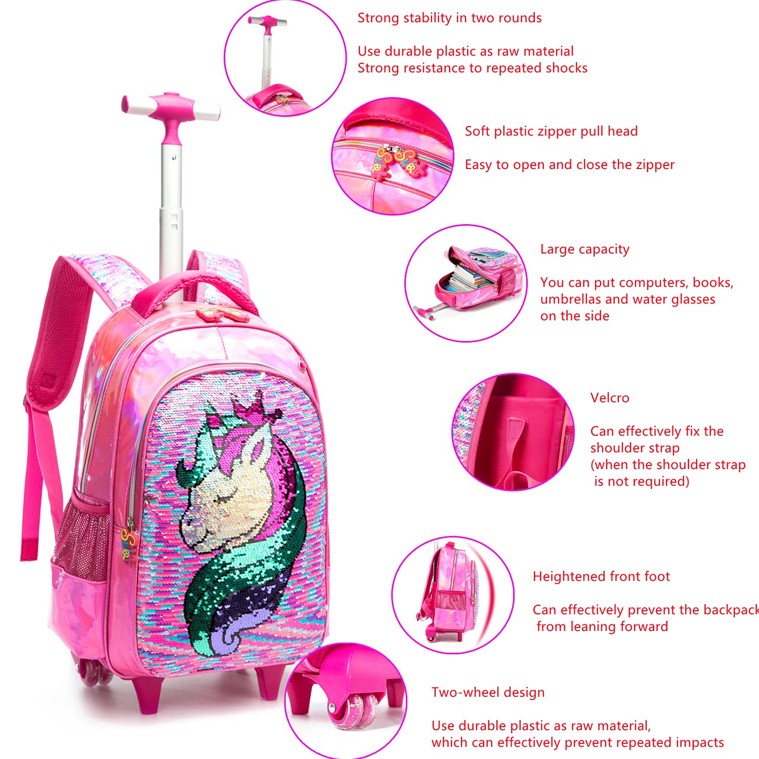 School Kids Rolling Backpack for Girls With Wheels Trolley Wheeled