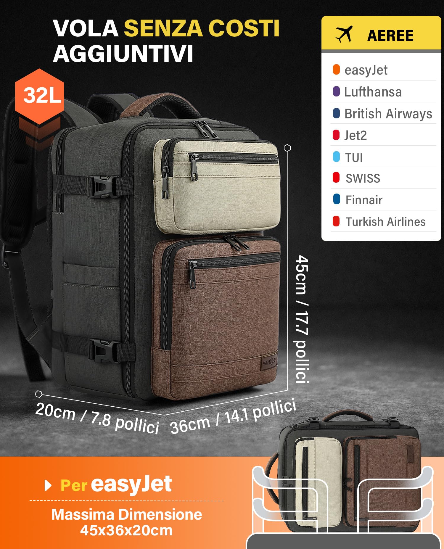 VANKEV EasyJet Lufthansa British Airways Jet2 Zaino da Viaggio Aereo 45x36x20cm-32L, Bagaglio a Mano Per Viaggio Zaino per Laptop Adatto da 15,6 Pollici Oliva Verde Scuro/Marrone